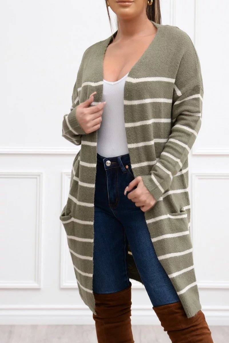 Fall Vibes Olive/White Striped Cardigan