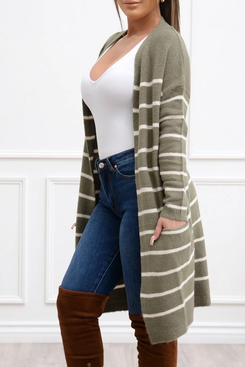 Fall Vibes Olive/White Striped Cardigan