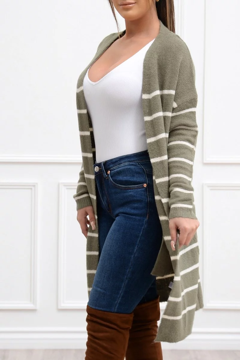 Fall Vibes Olive/White Striped Cardigan