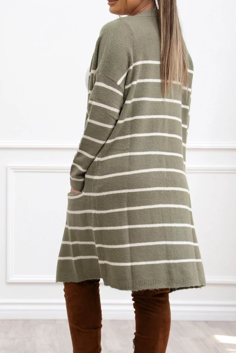 Fall Vibes Olive/White Striped Cardigan