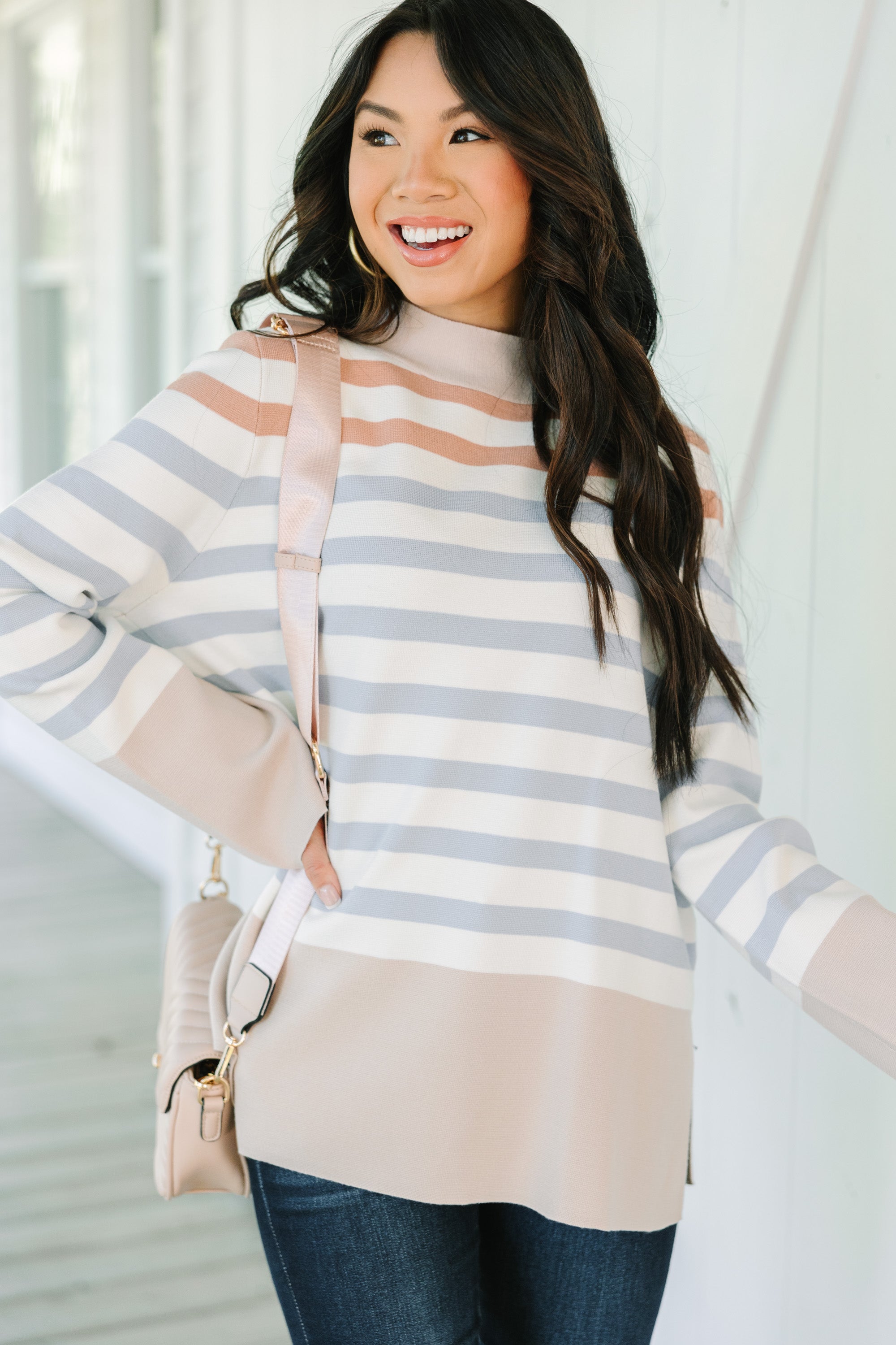 Fate Taupe Brown Striped Sweater - Best Deals Online