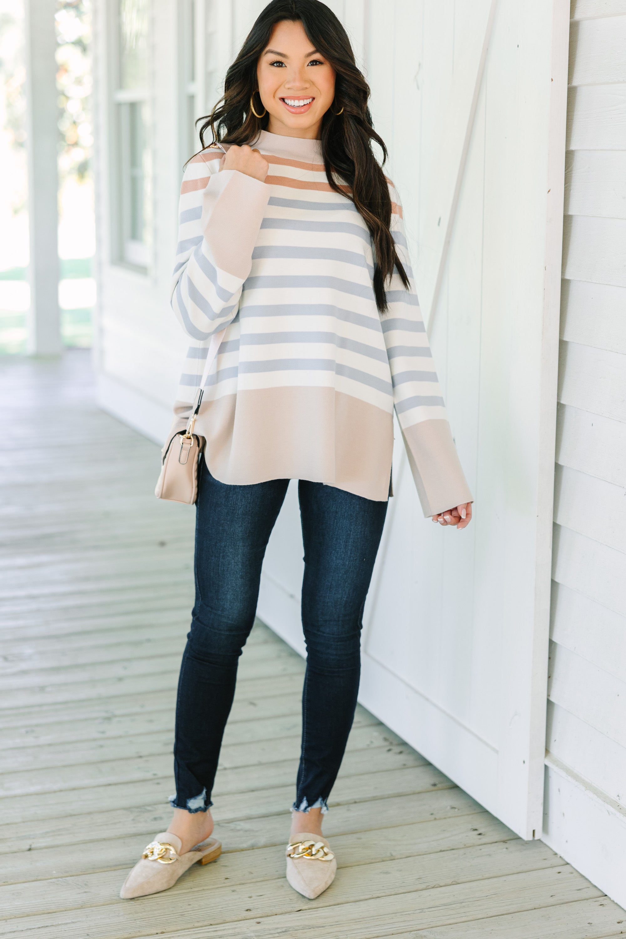 Fate Taupe Brown Striped Sweater - Best Deals Online