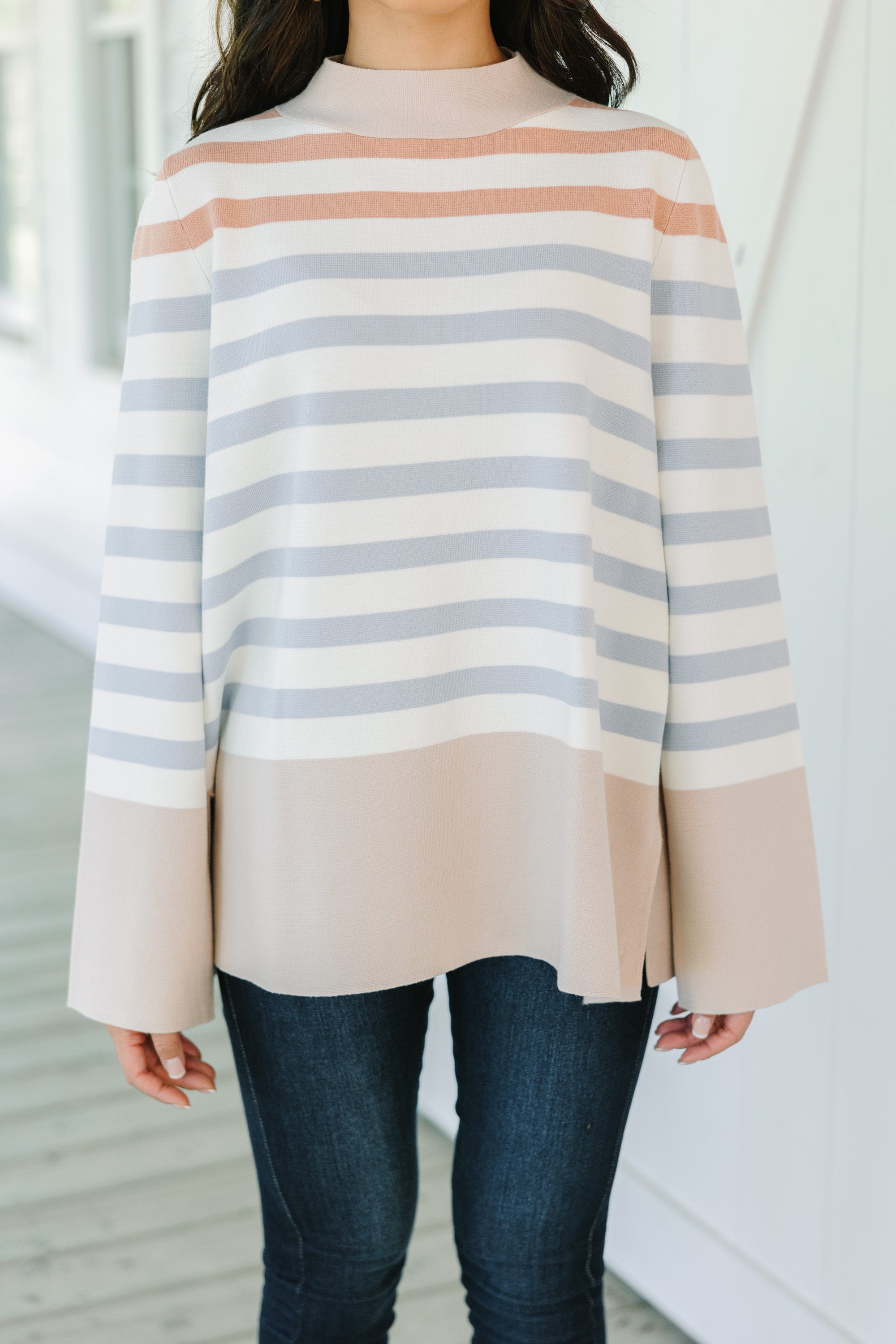 Fate Taupe Brown Striped Sweater - Best Deals Online