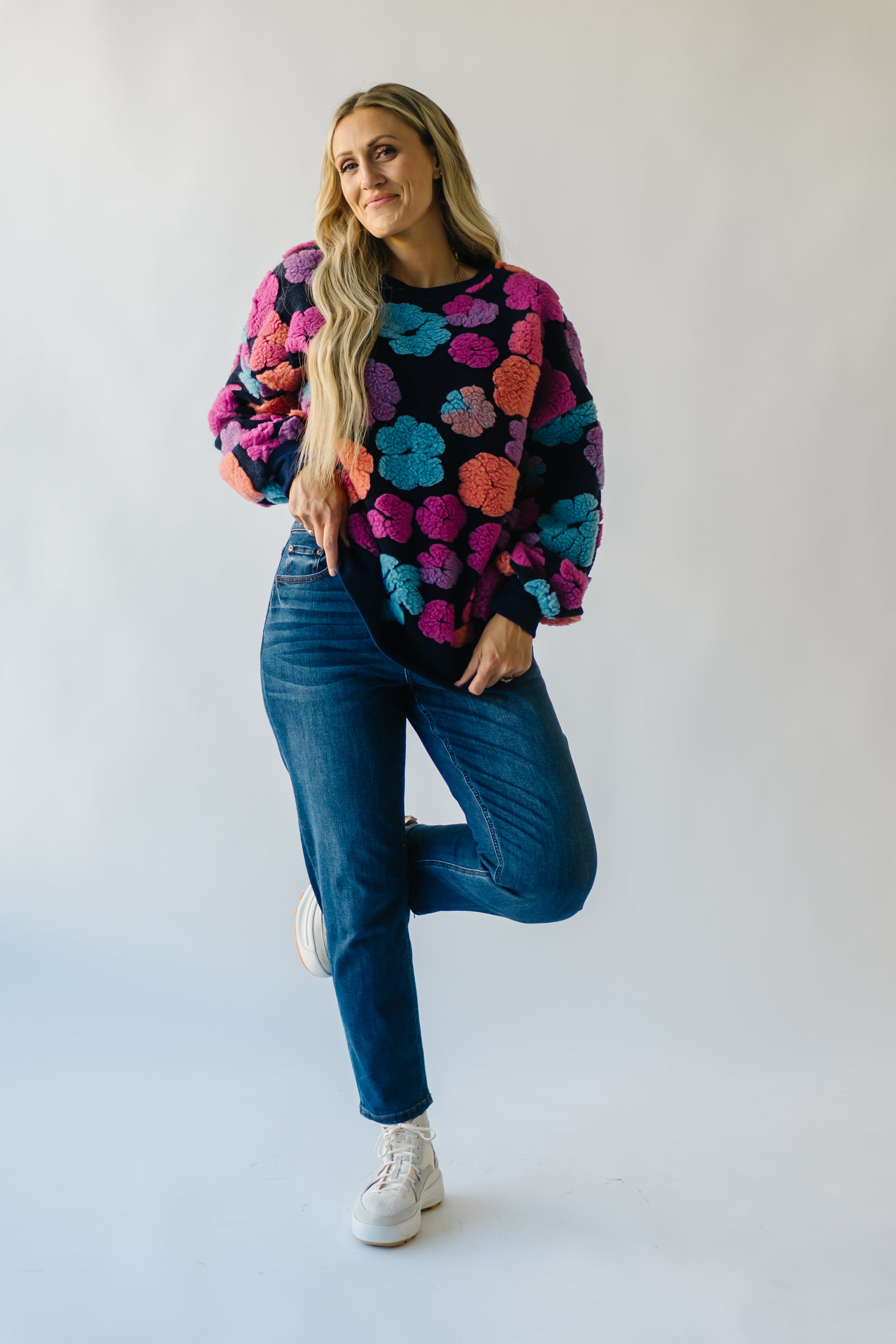 Flanagan Sherpa Flower Sweater - Navy + Fuchsia