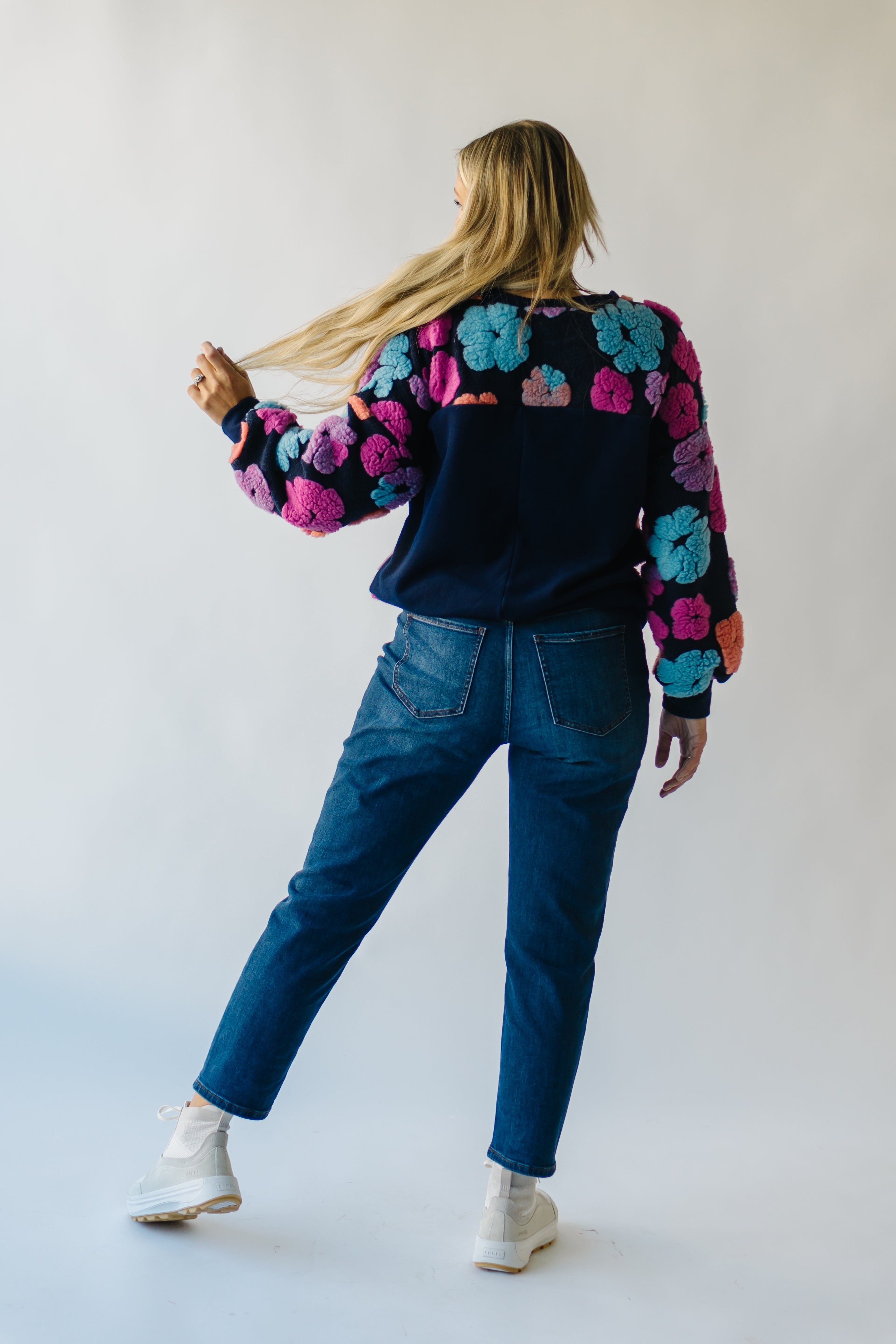 Flanagan Sherpa Flower Sweater - Navy + Fuchsia