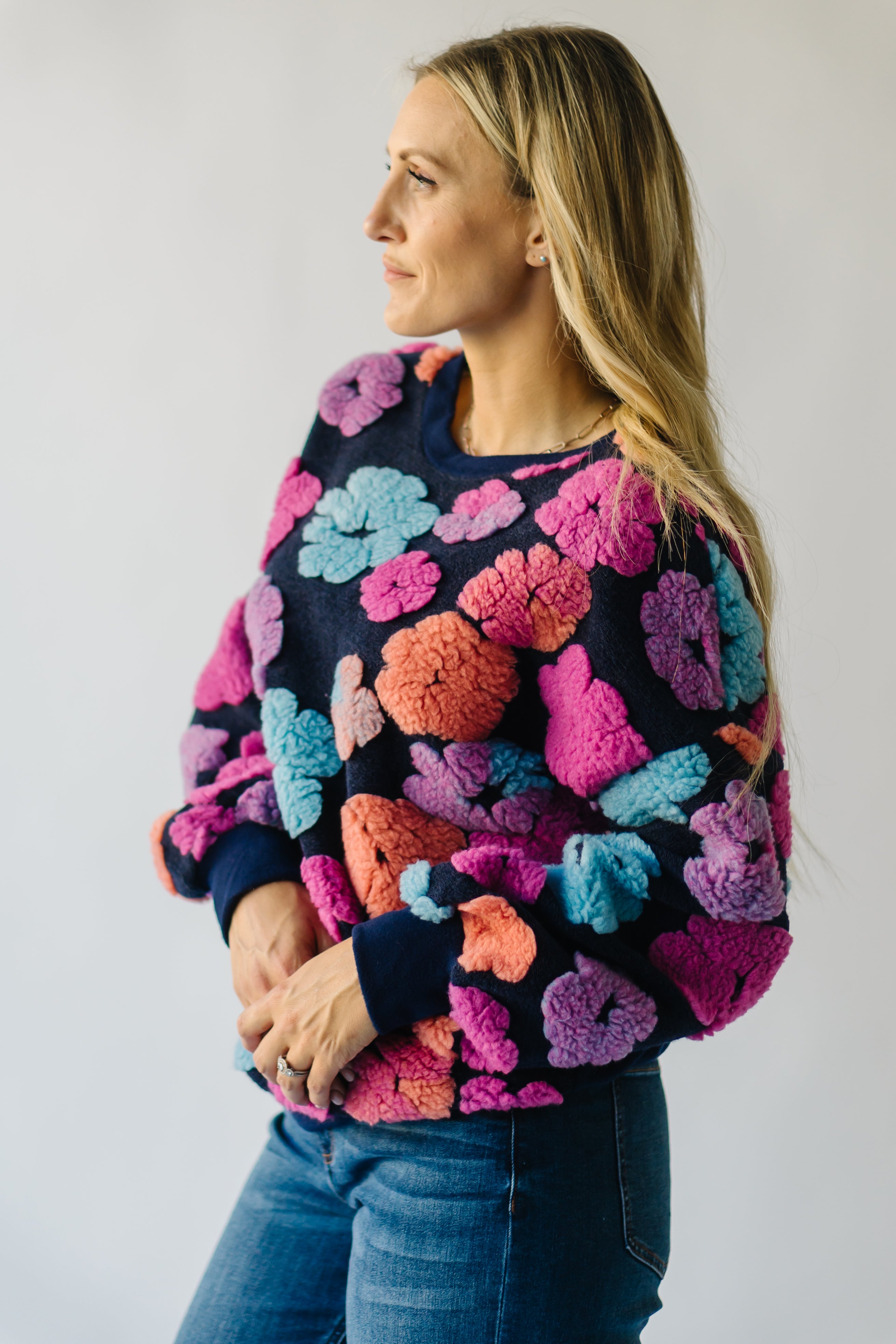 Flanagan Sherpa Flower Sweater - Navy + Fuchsia