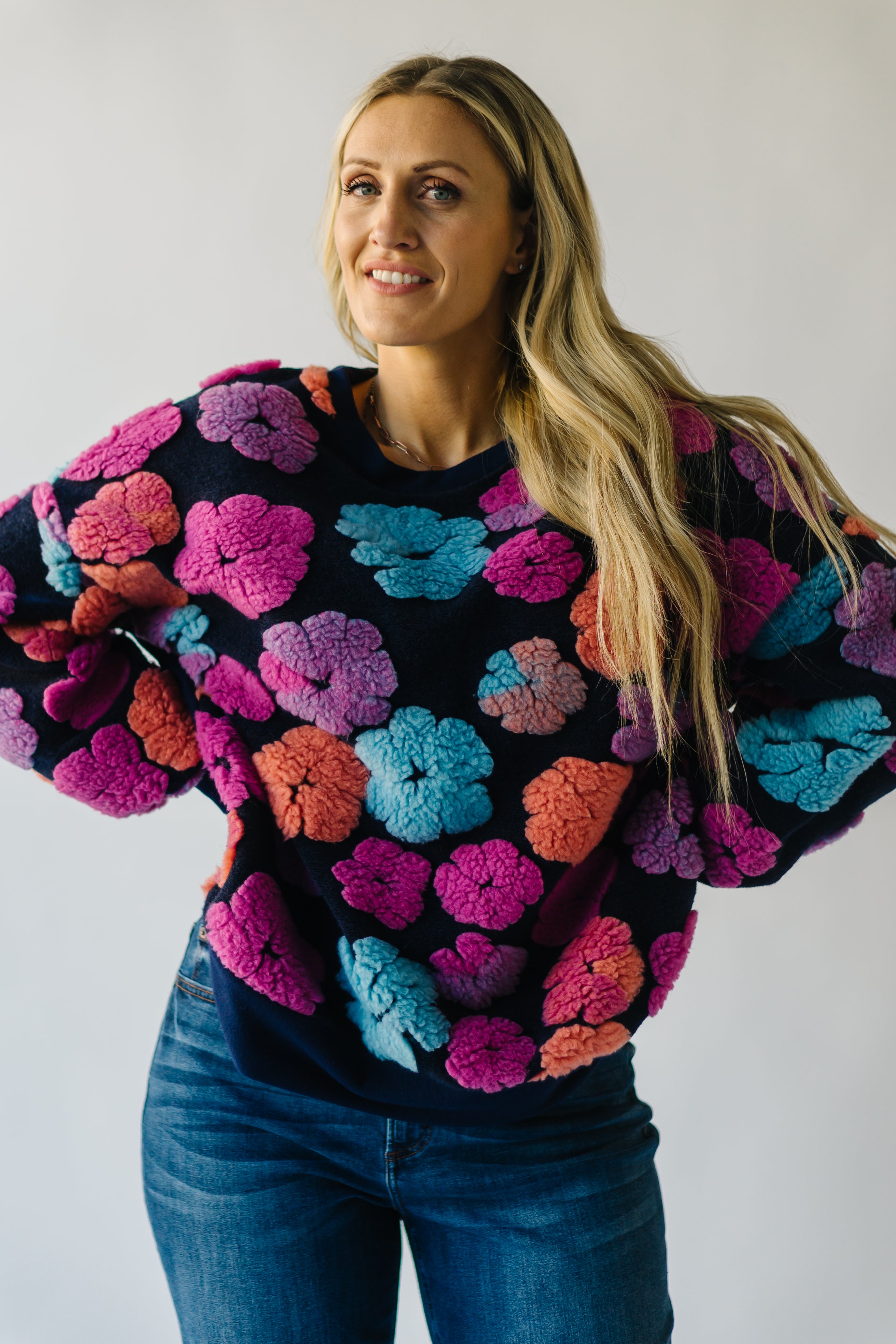 Flanagan Sherpa Flower Sweater - Navy + Fuchsia