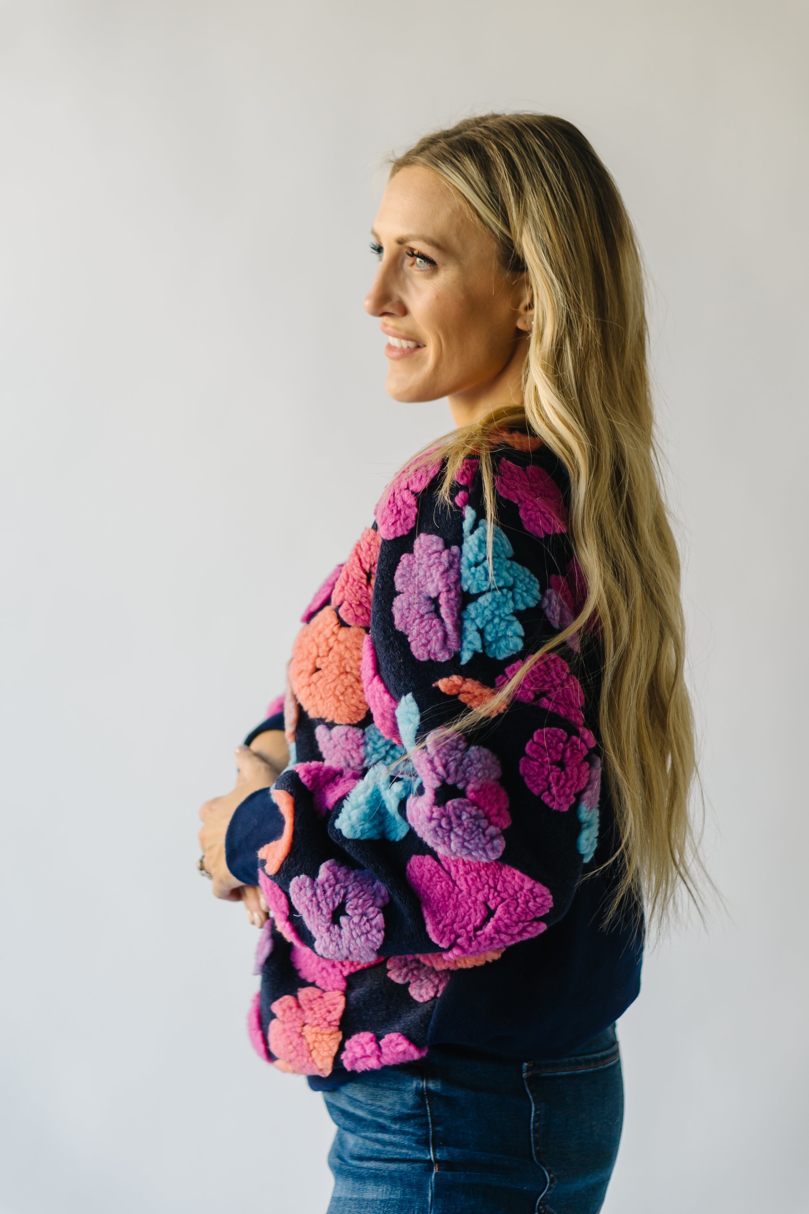 Flanagan Sherpa Flower Sweater - Navy + Fuchsia