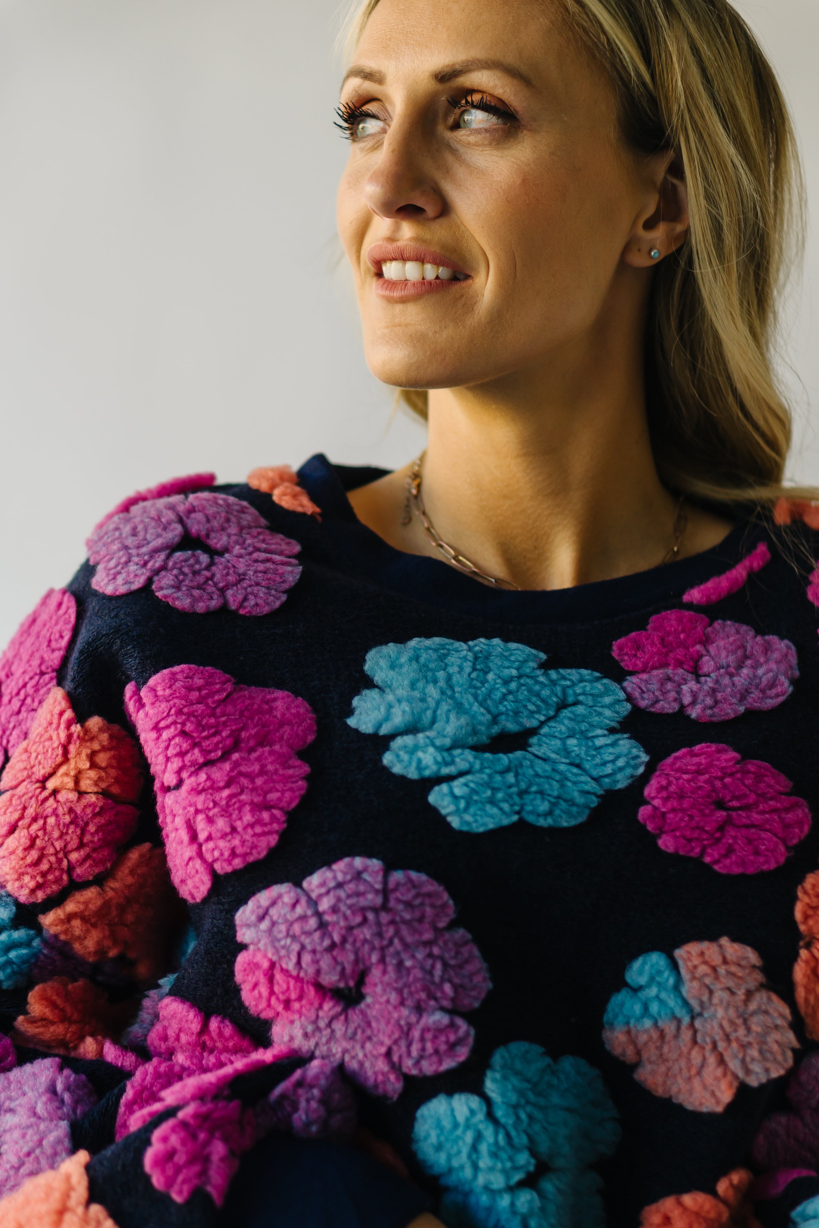 Flanagan Sherpa Flower Sweater - Navy + Fuchsia