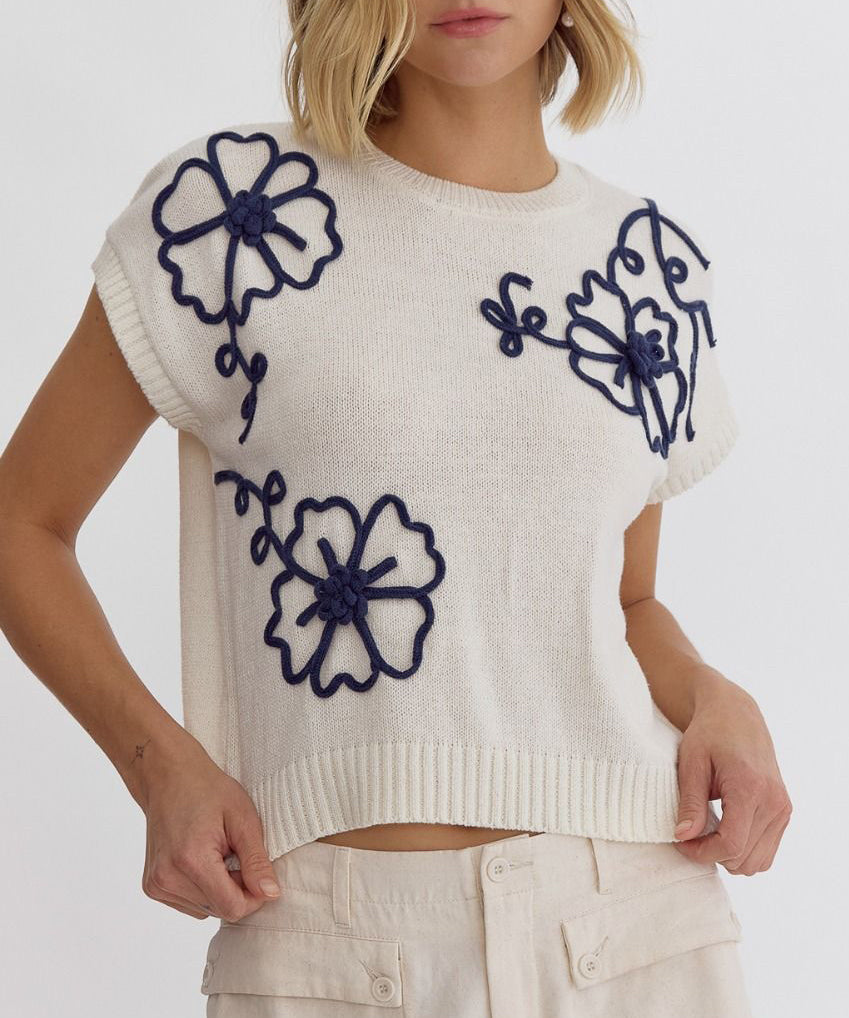 Floral Embroidered Ivory Sweater Top