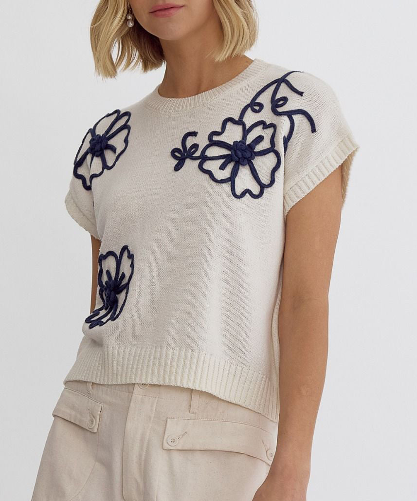 Floral Embroidered Ivory Sweater Top