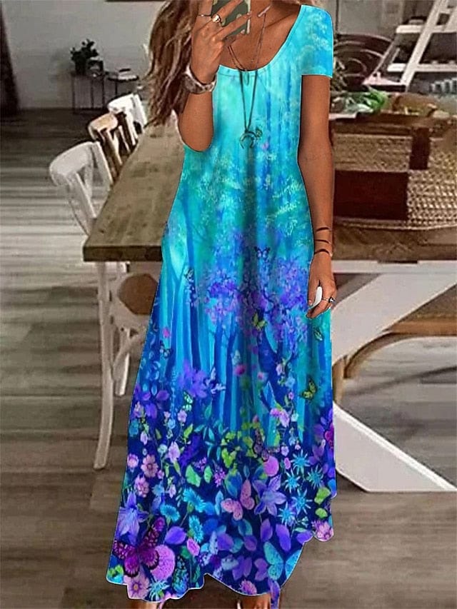 Floral Maxi Dress for Women with Short Sleeves