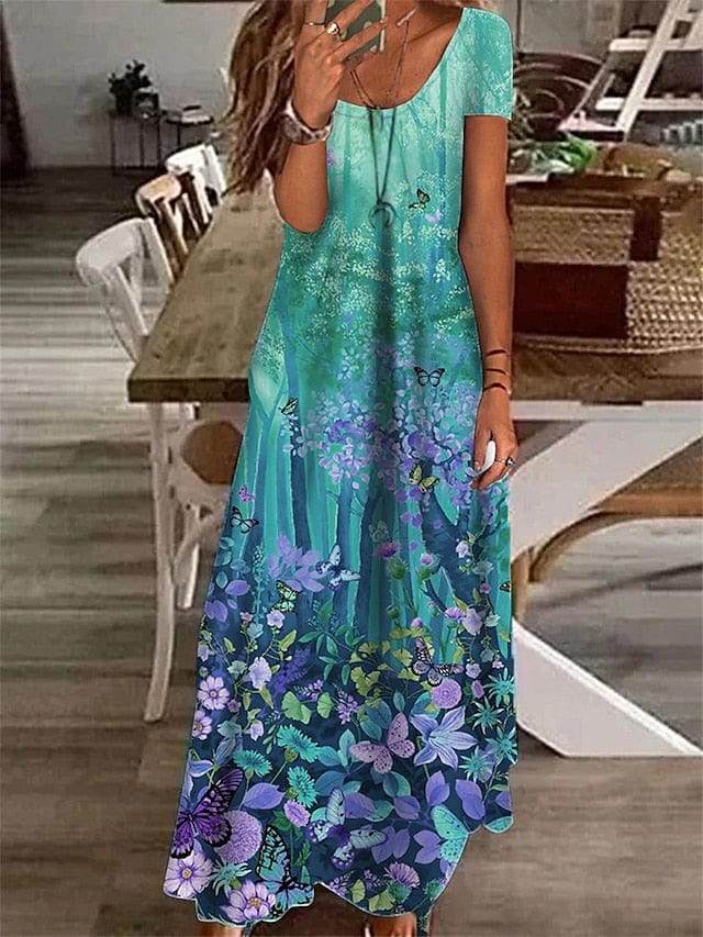 Floral Maxi Dress for Women with Short Sleeves