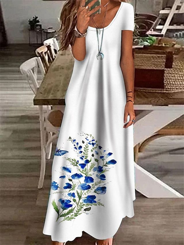 Floral Maxi Dress for Women with Short Sleeves