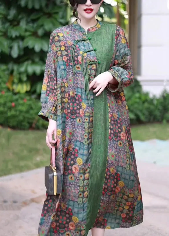 French Green Button Print Patchwork Silk Long Dress Spring CG1020