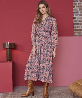 Frill Neck Long Sleeve Print Dress