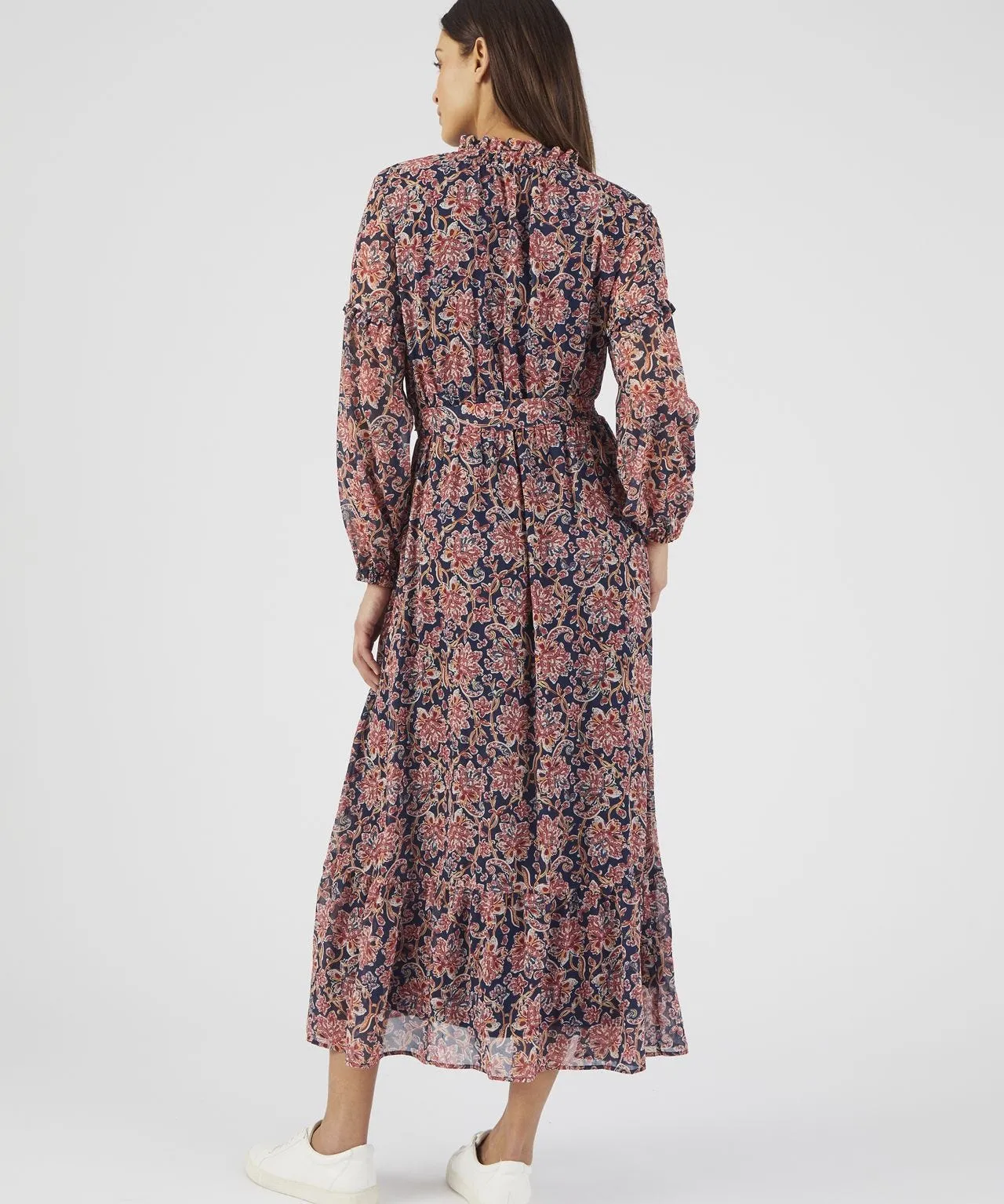 Frill Neck Long Sleeve Print Dress