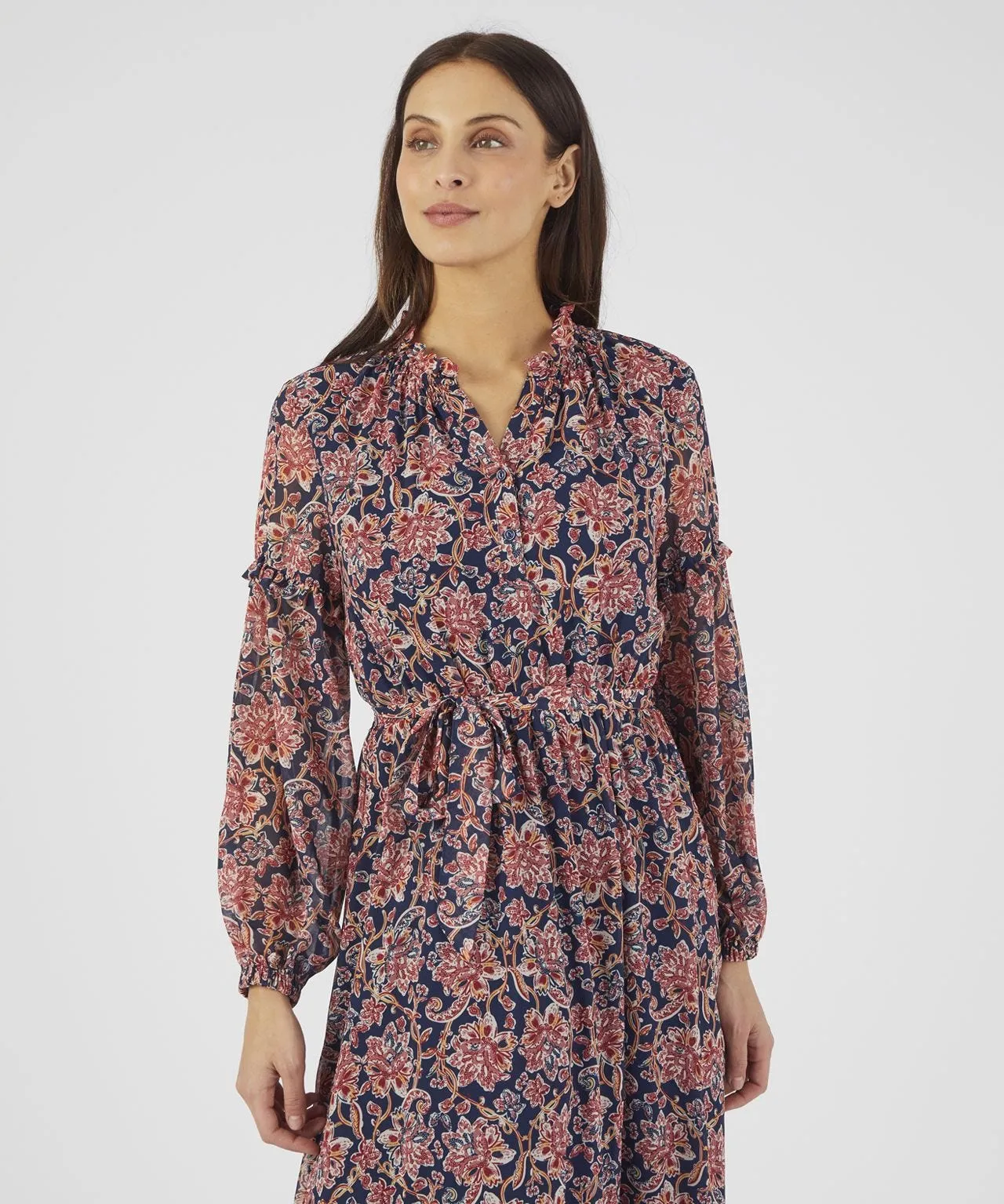 Frill Neck Long Sleeve Print Dress