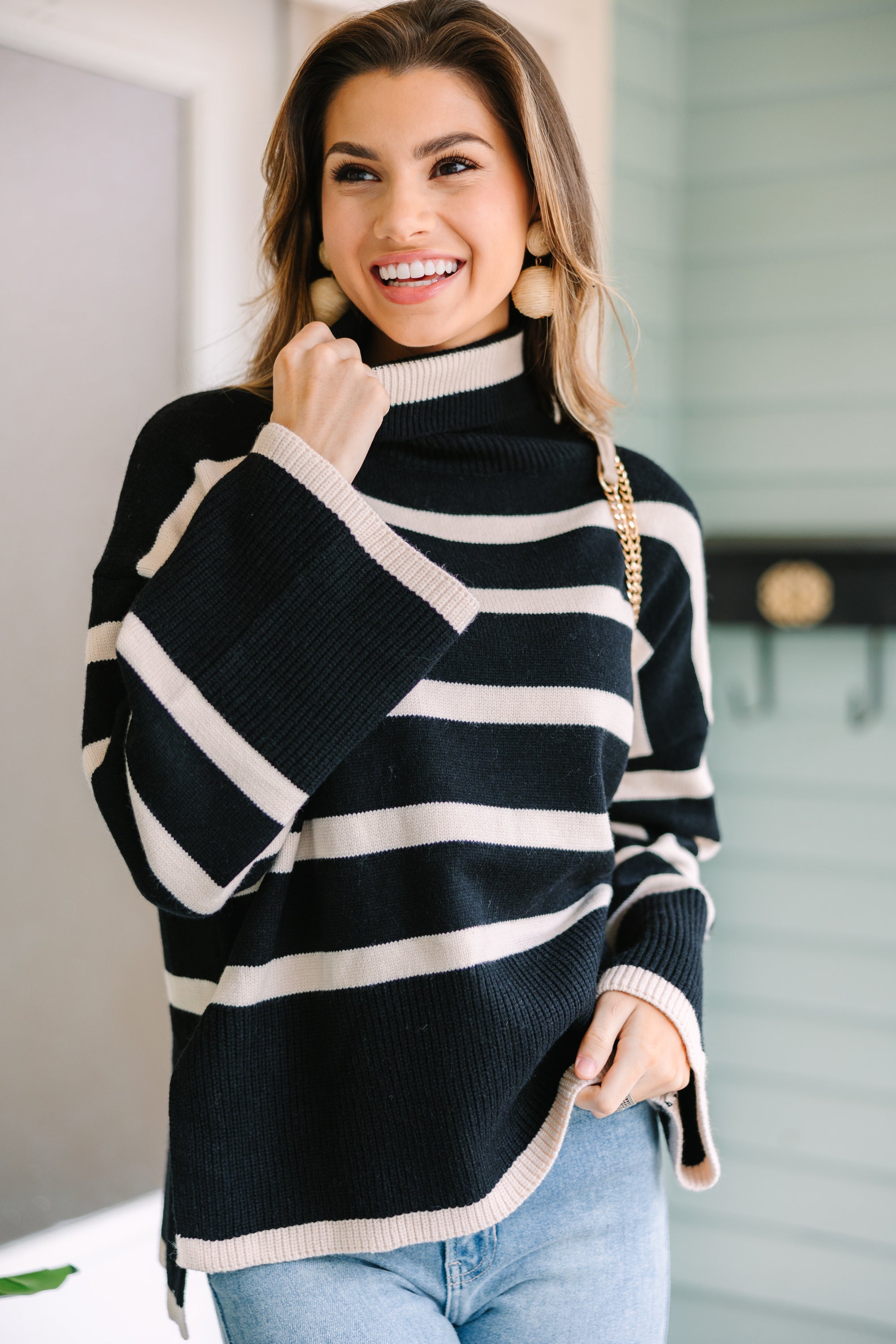 Fun Black Striped Turtleneck Sweater - Get Yours Now!