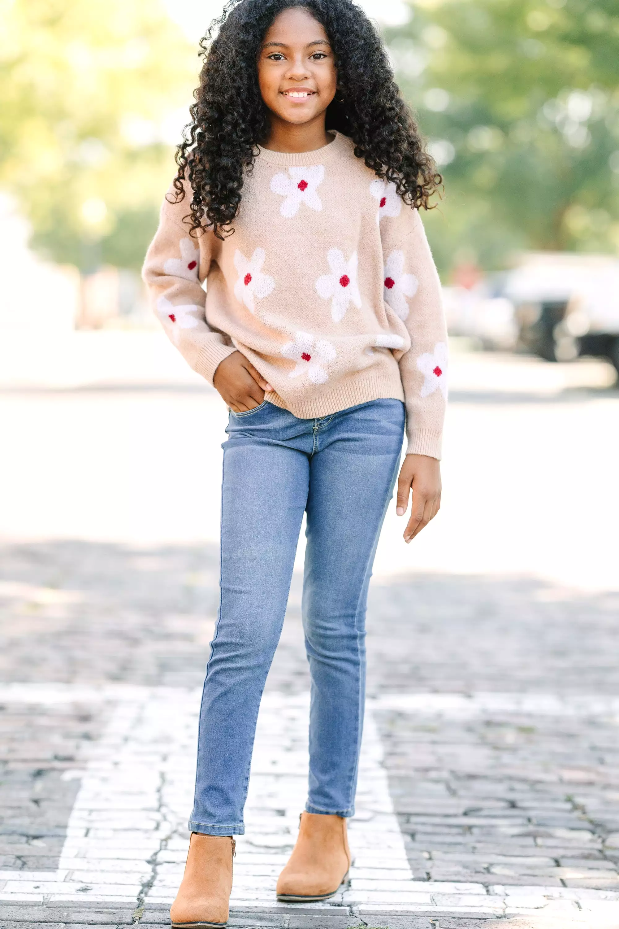 Fun Sand Brown Floral Sweater for Girls