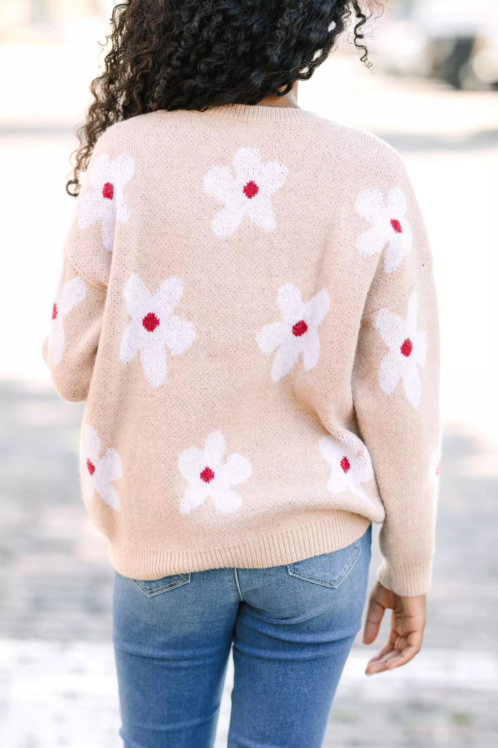 Fun Sand Brown Floral Sweater for Girls