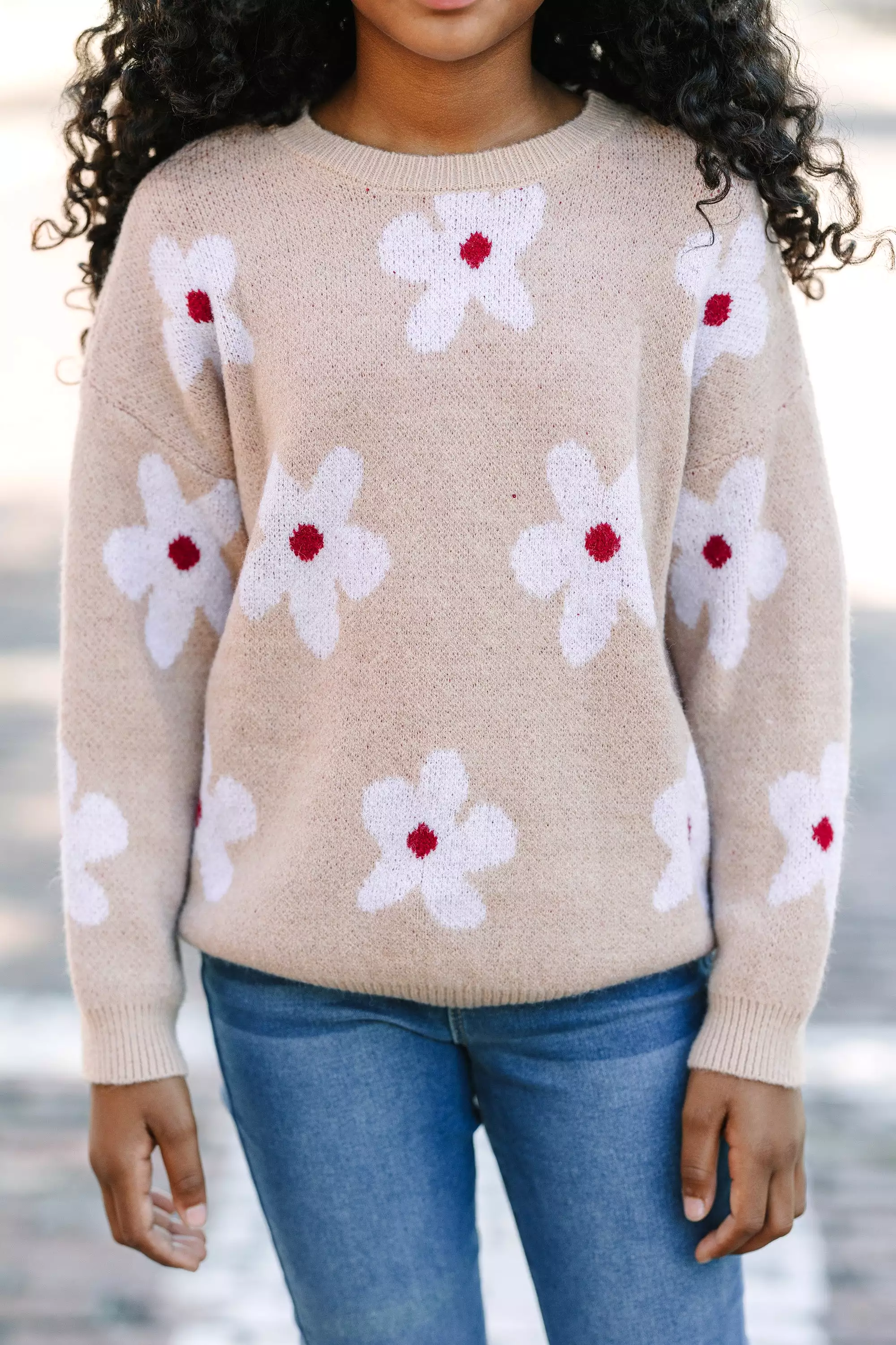 Fun Sand Brown Floral Sweater for Girls