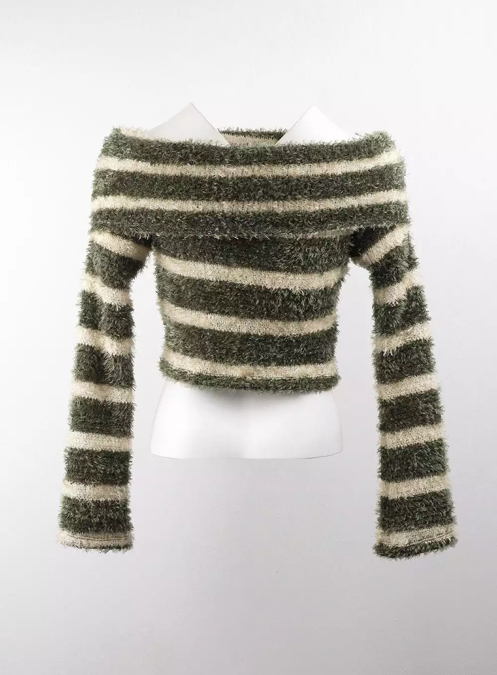 Furry Striped Off-Shoulder Wool-Blend Long Sleeve Sweater