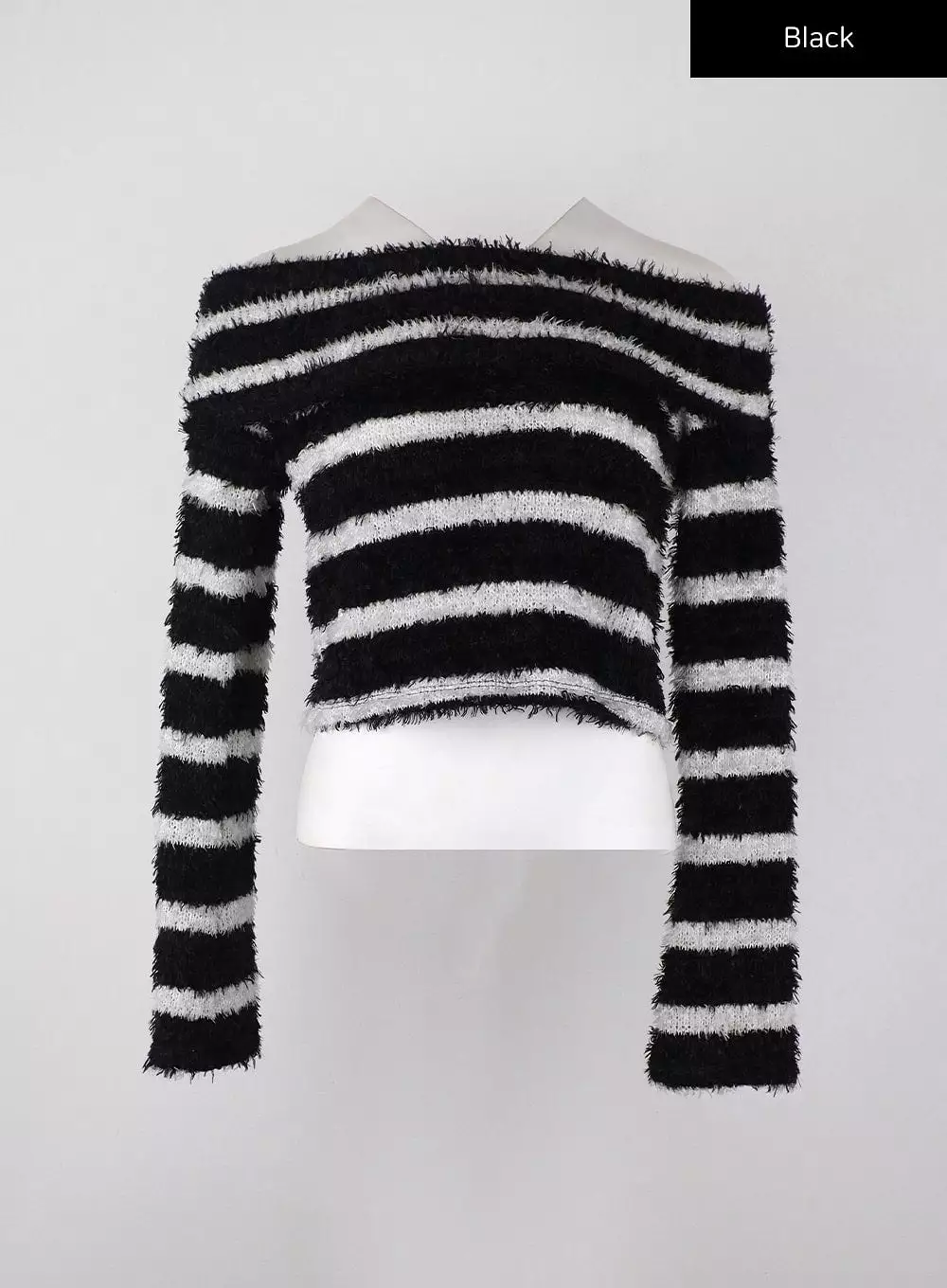 Furry Striped Off-Shoulder Wool-Blend Long Sleeve Sweater