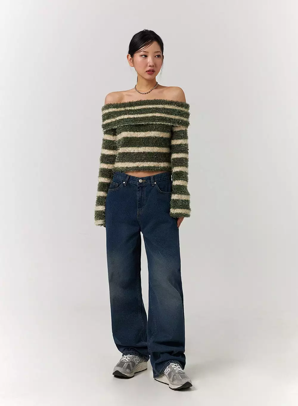 Furry Striped Off-Shoulder Wool-Blend Long Sleeve Sweater