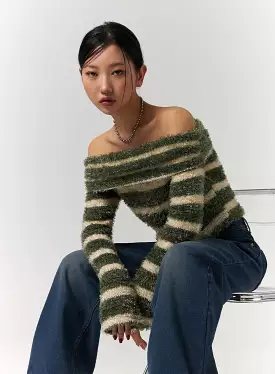 Furry Striped Off-Shoulder Wool-Blend Long Sleeve Sweater