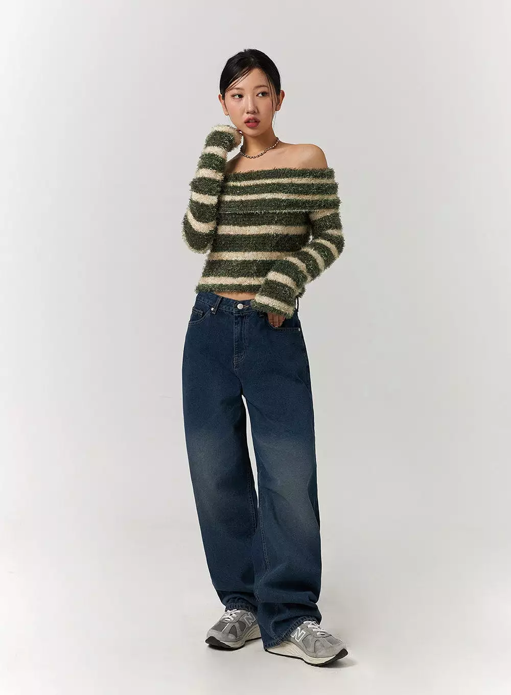 Furry Striped Off-Shoulder Wool-Blend Long Sleeve Sweater