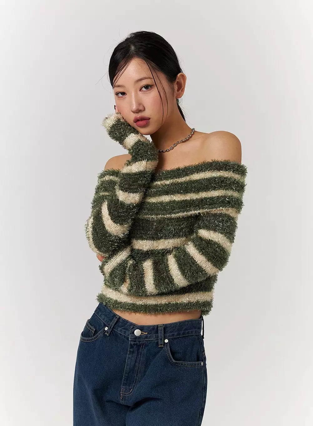 Furry Striped Off-Shoulder Wool-Blend Long Sleeve Sweater