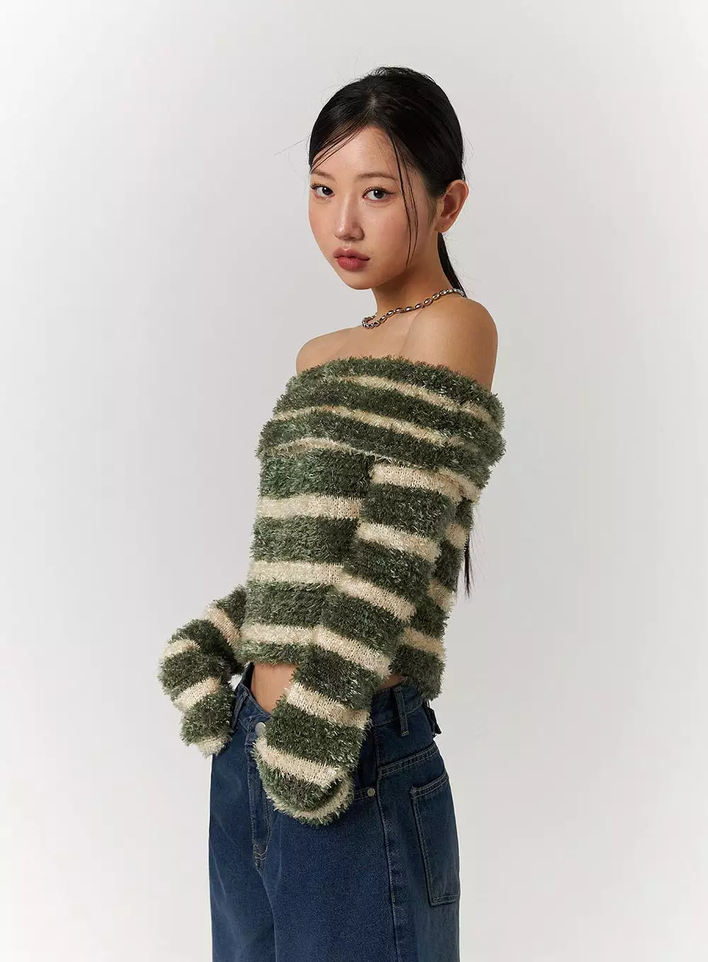 Furry Striped Off-Shoulder Wool-Blend Long Sleeve Sweater