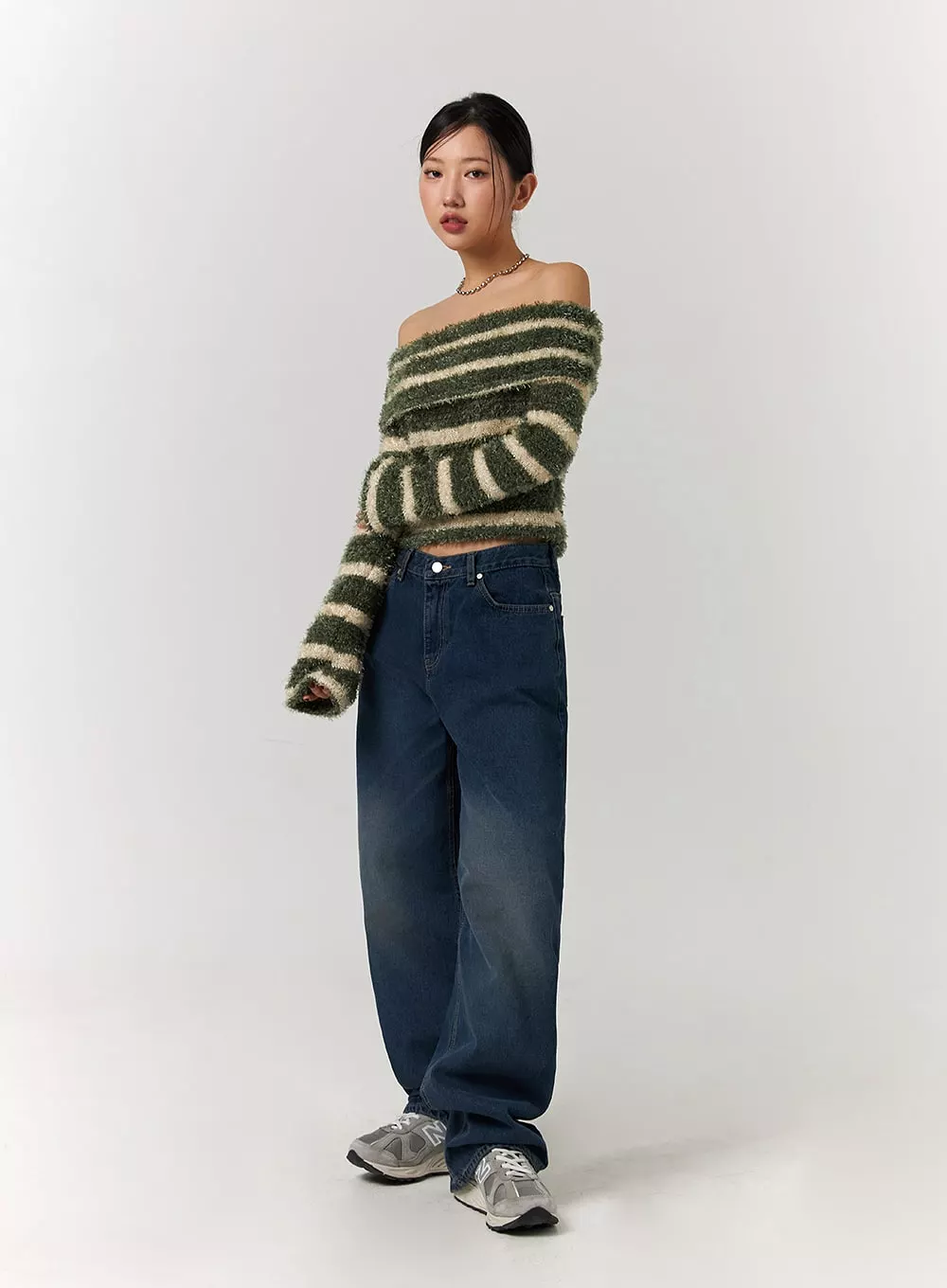 Furry Striped Off-Shoulder Wool-Blend Long Sleeve Sweater