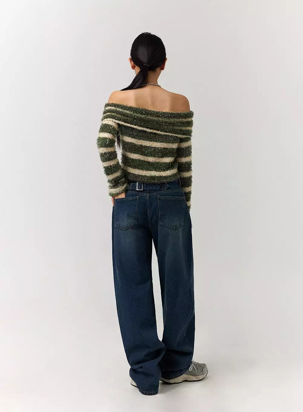 Furry Striped Off-Shoulder Wool-Blend Long Sleeve Sweater