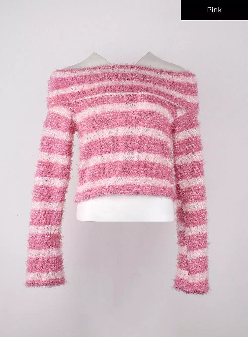 Furry Striped Off-Shoulder Wool-Blend Long Sleeve Sweater