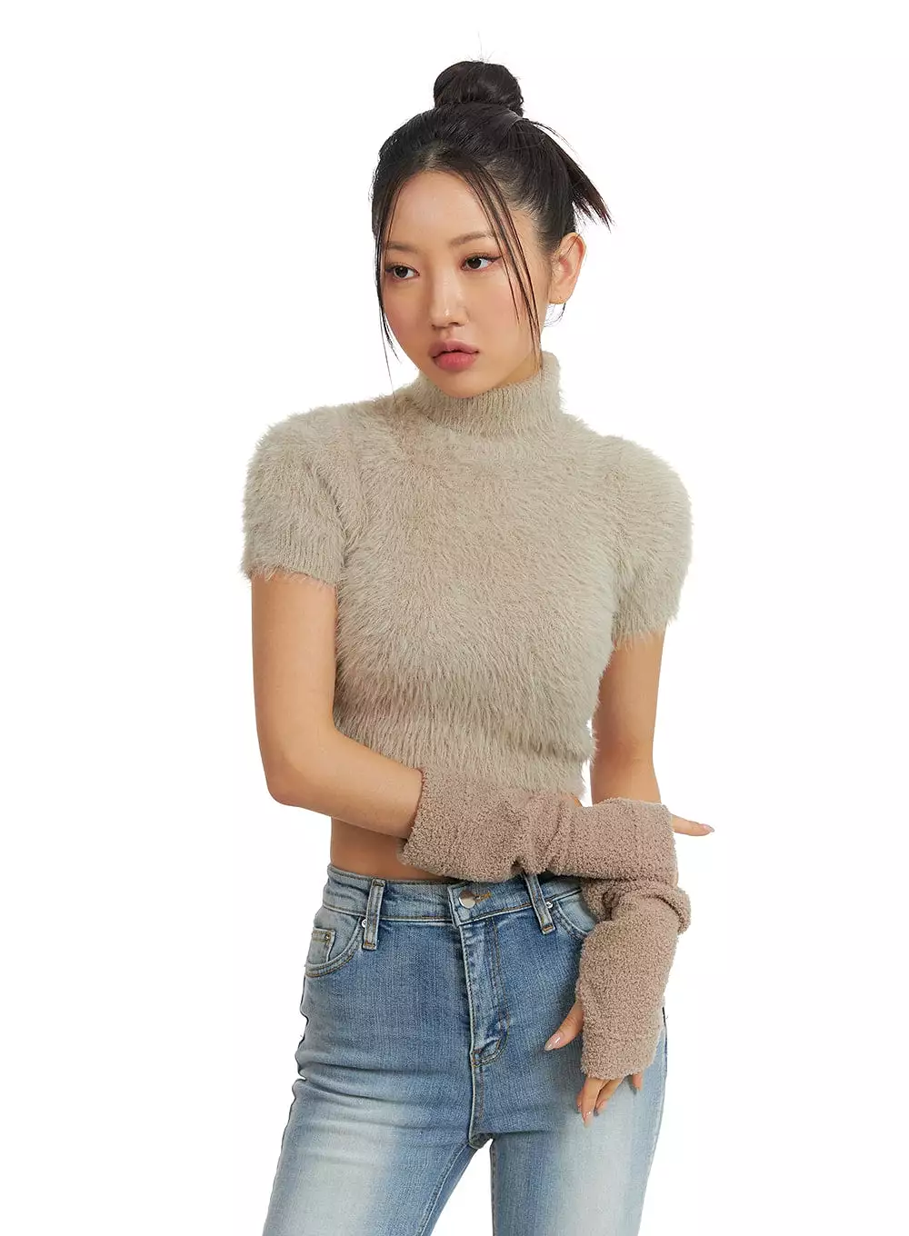 Fuzzy Turtleneck Short Sleeve Sweater - CJ429