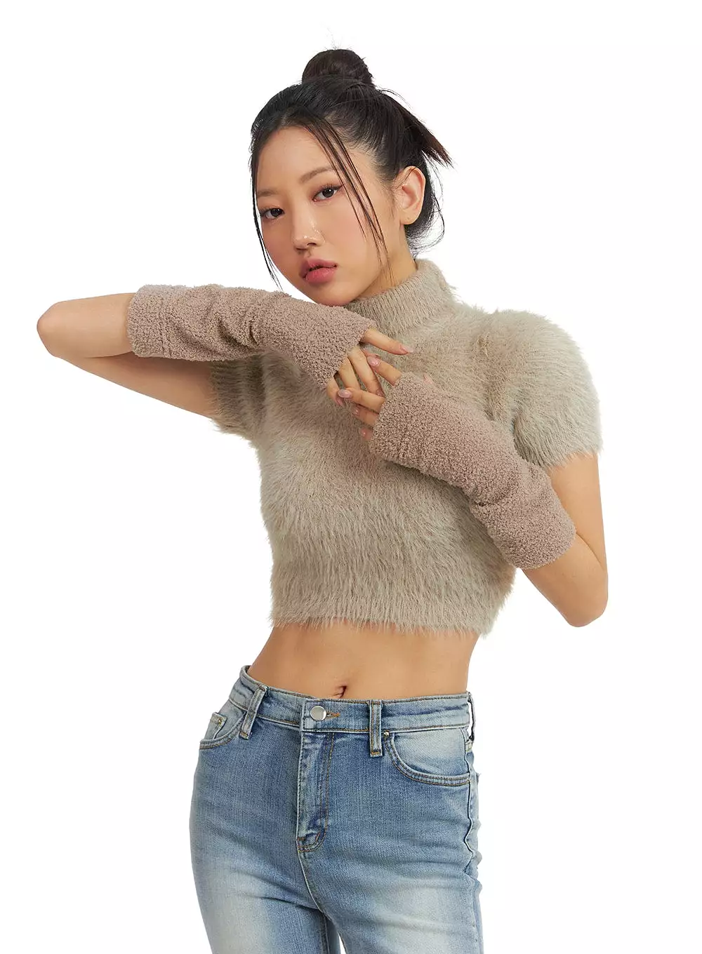 Fuzzy Turtleneck Short Sleeve Sweater - CJ429