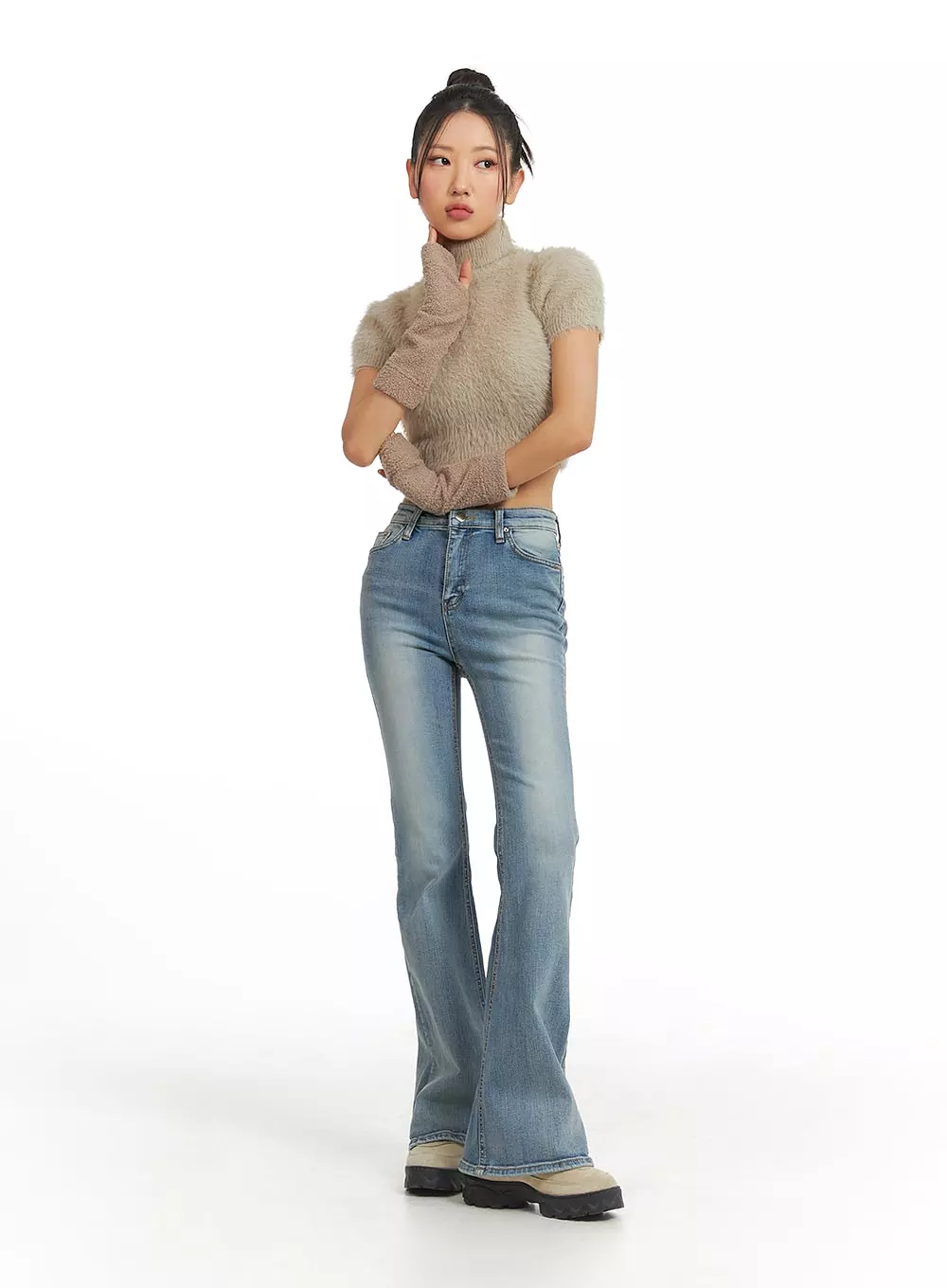 Fuzzy Turtleneck Short Sleeve Sweater - CJ429