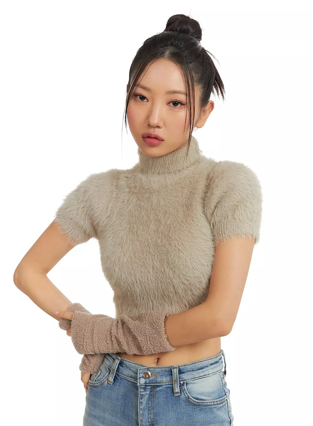 Fuzzy Turtleneck Short Sleeve Sweater - CJ429