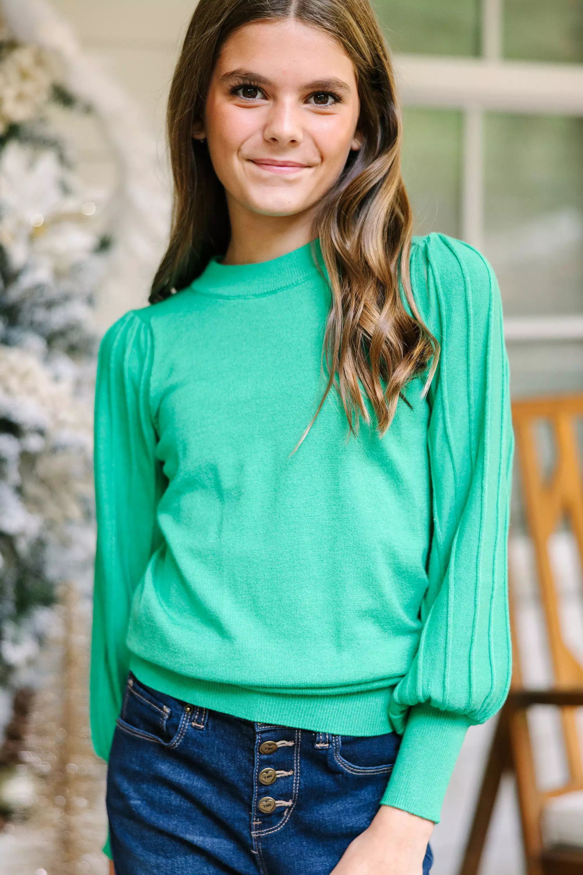 Girls: Adored Green Bubble Sleeve Sweater