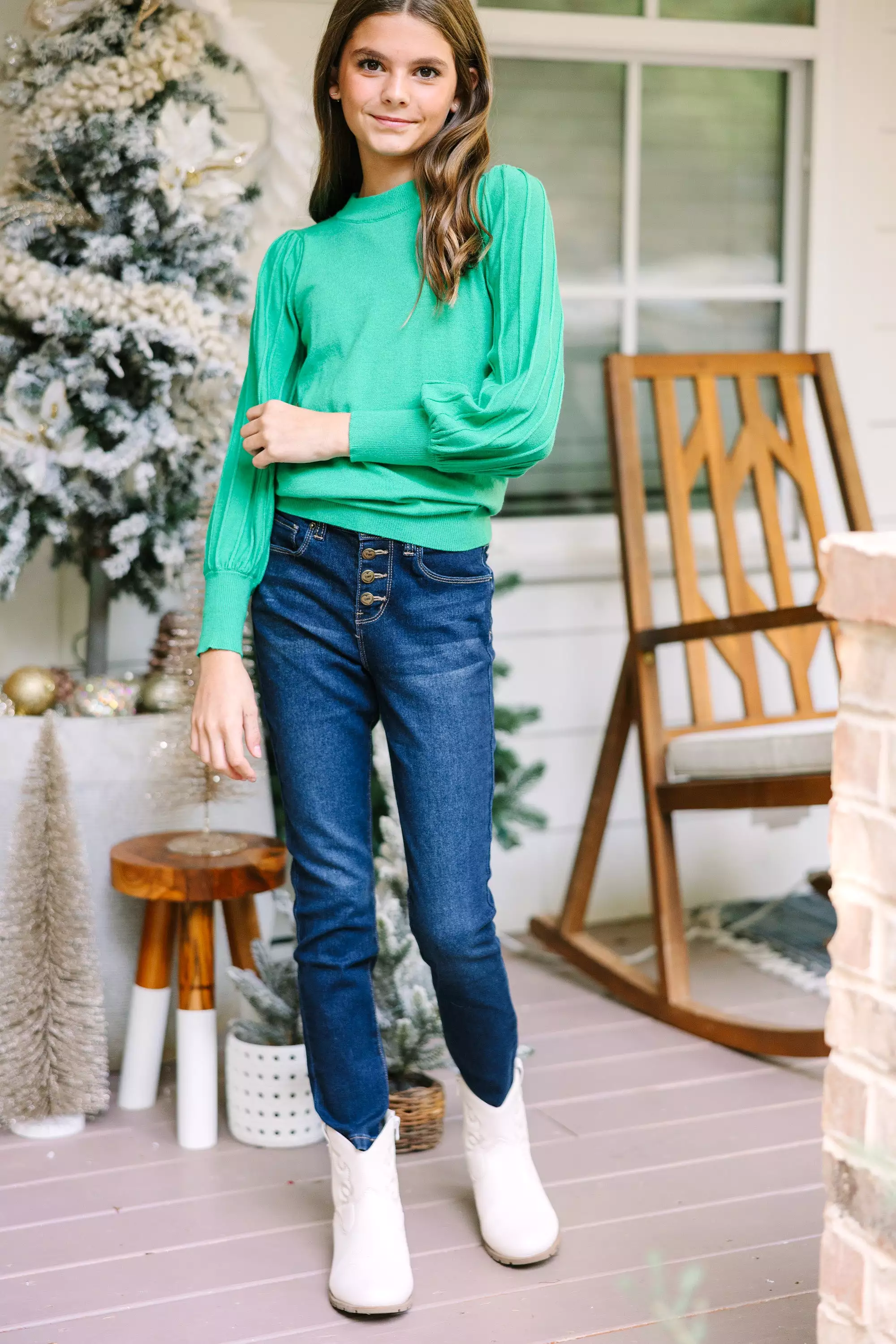 Girls: Adored Green Bubble Sleeve Sweater