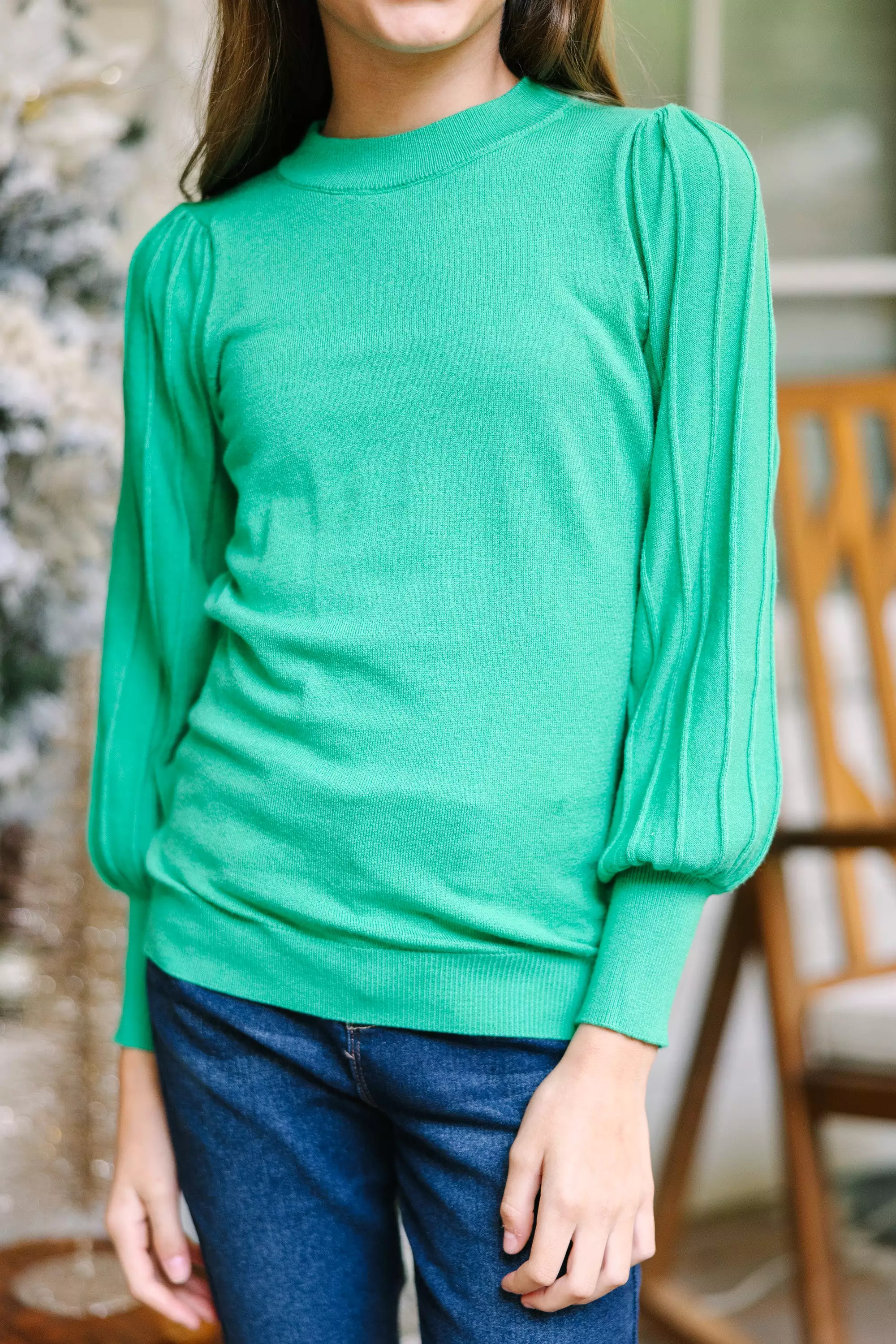 Girls: Adored Green Bubble Sleeve Sweater