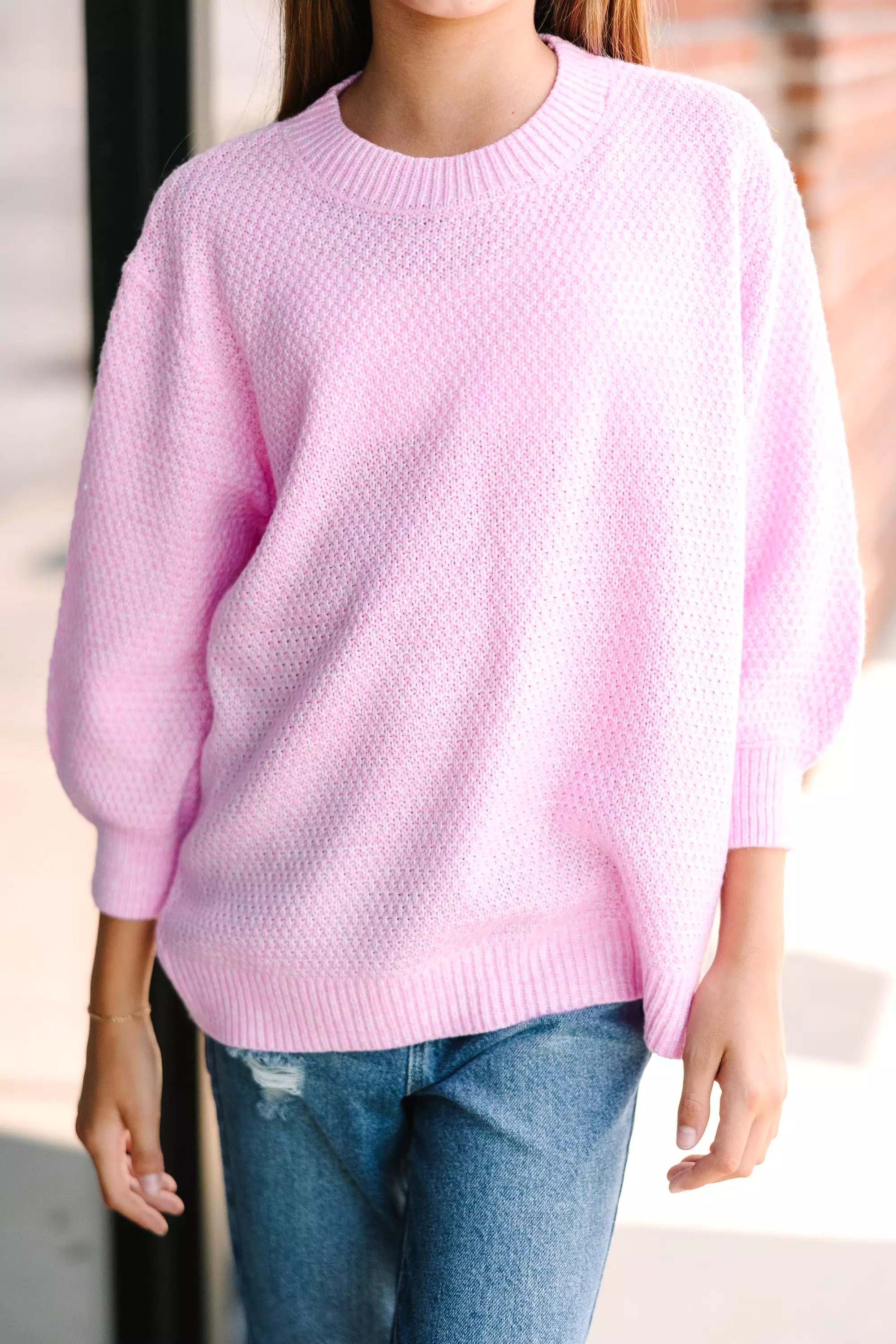 Girls Bubble Sleeve Sweater - Candy Pink 3/4 Sleeve