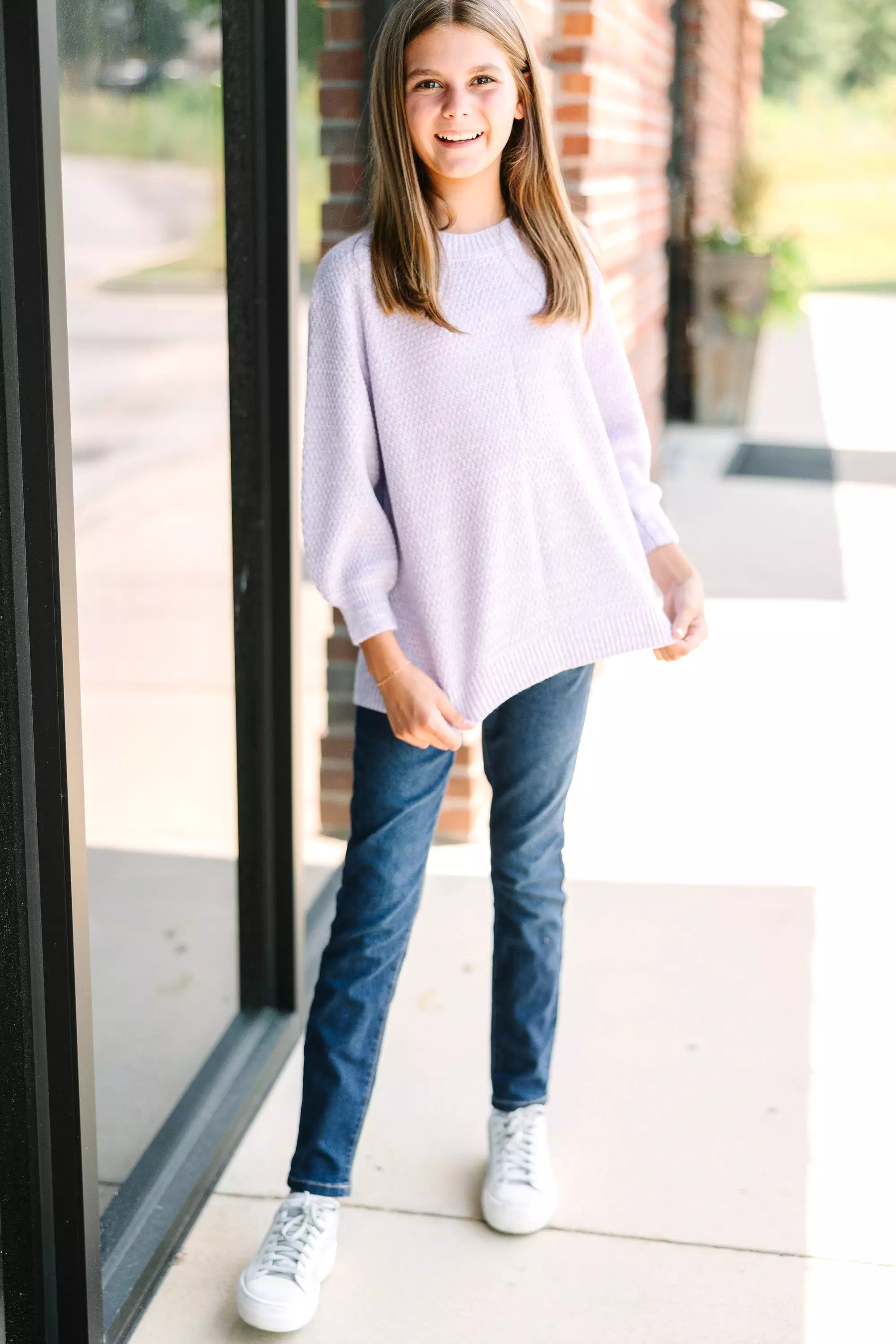 Girls Bubble Sleeve Sweater - Lavender Purple - 3/4 Sleeve