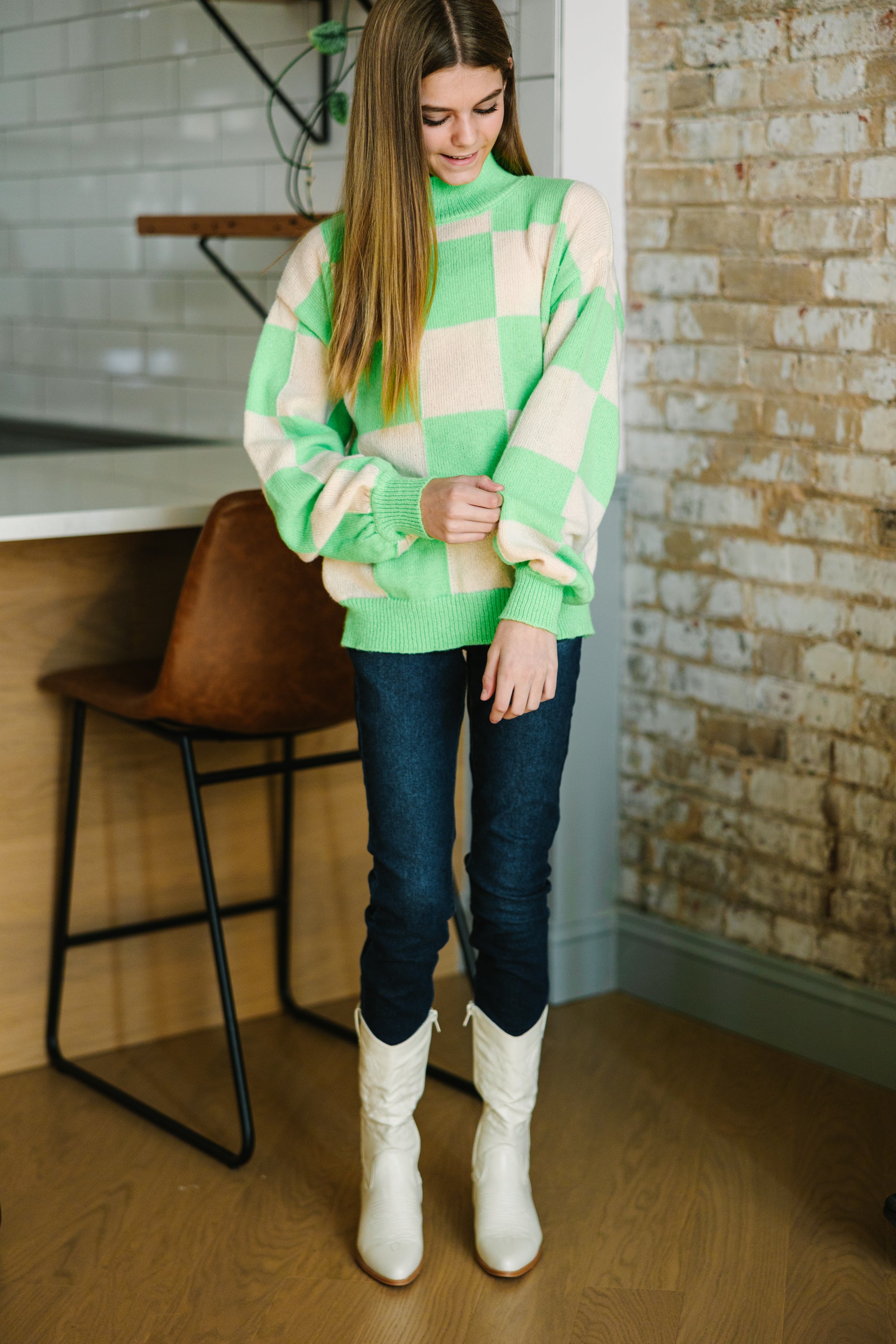 Girls Checkered Sweater - Lime Green - Better Together - Best Price