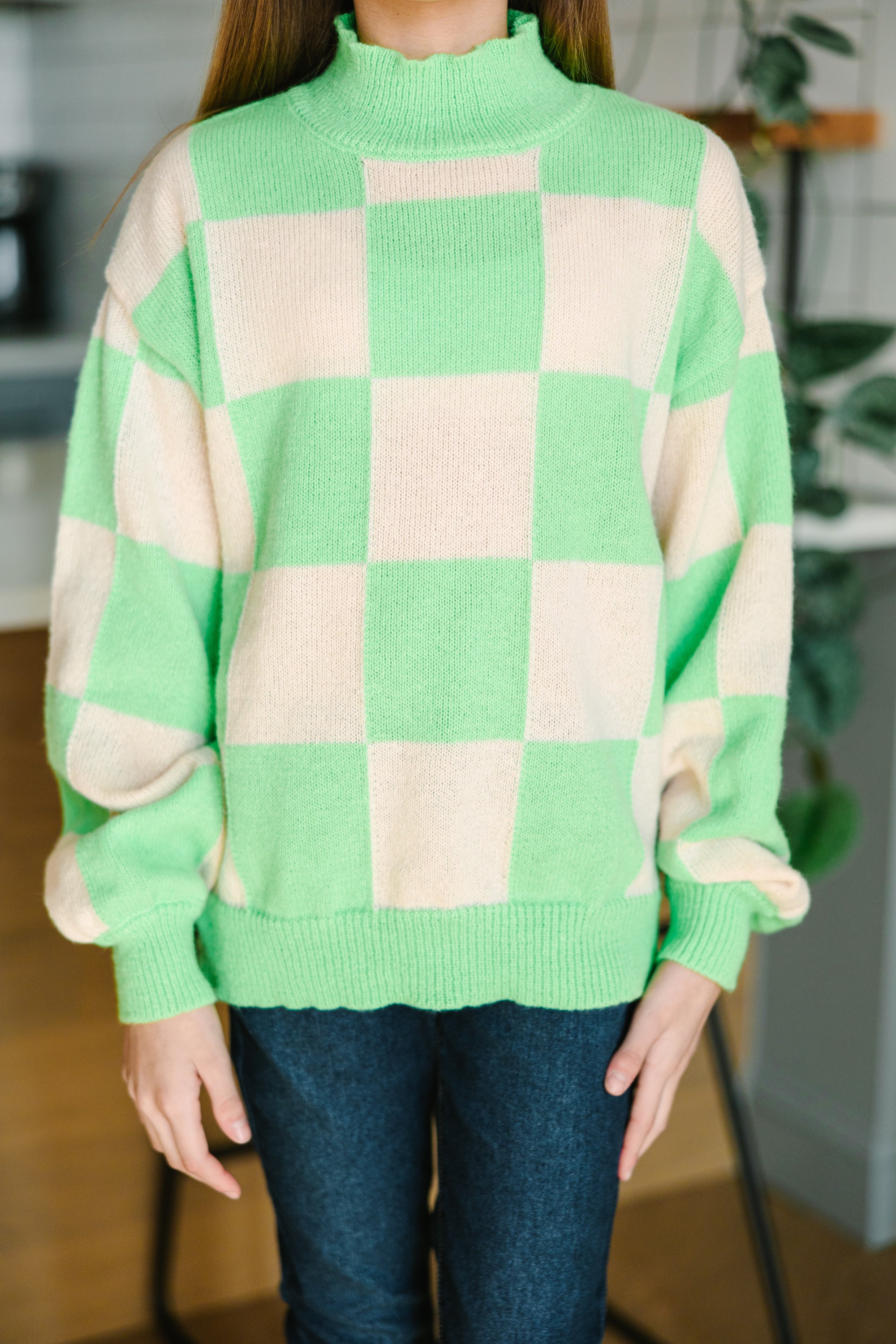 Girls Checkered Sweater - Lime Green - Better Together - Best Price