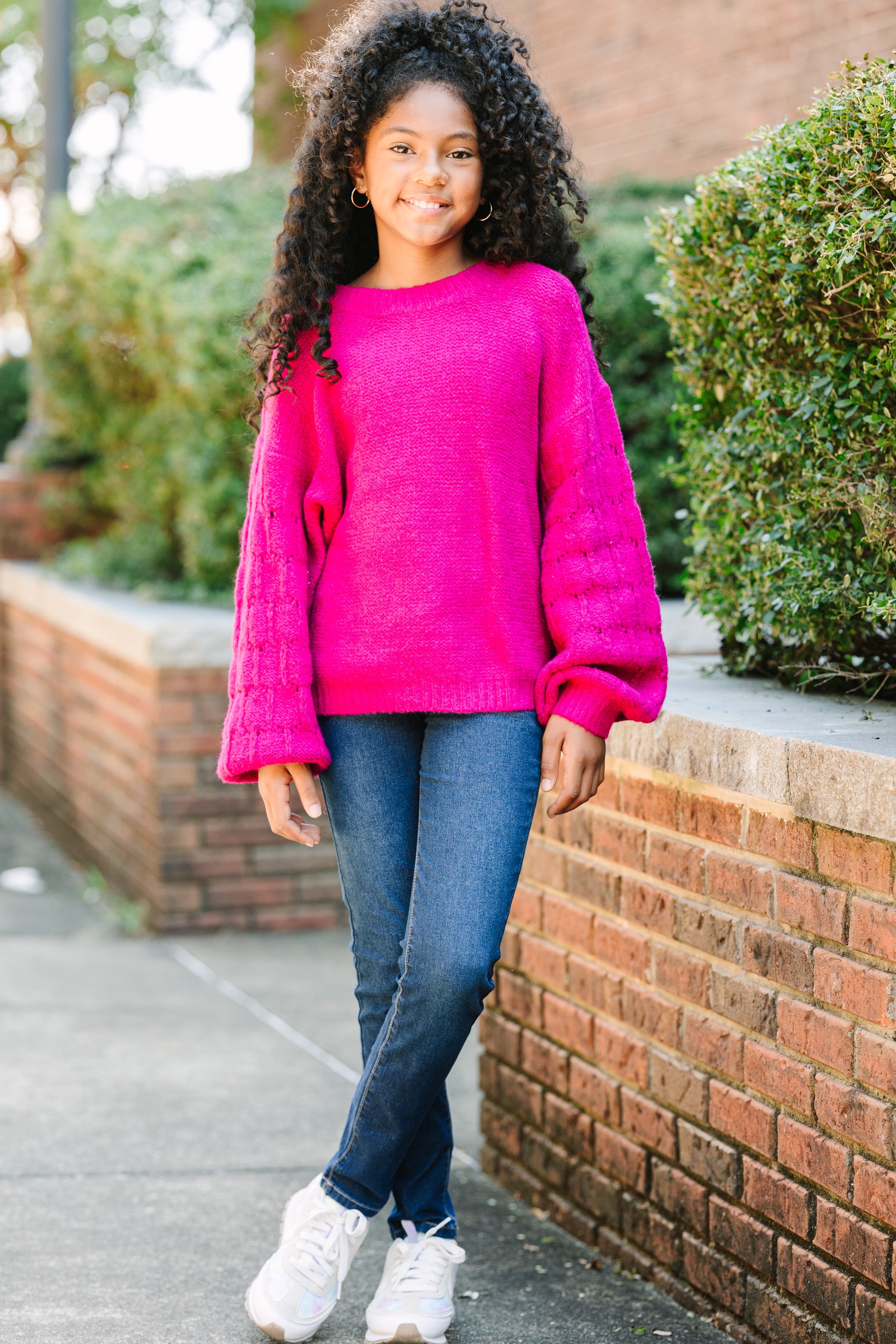 Girls' Close-Fitting Magenta Purple Textured Sweater