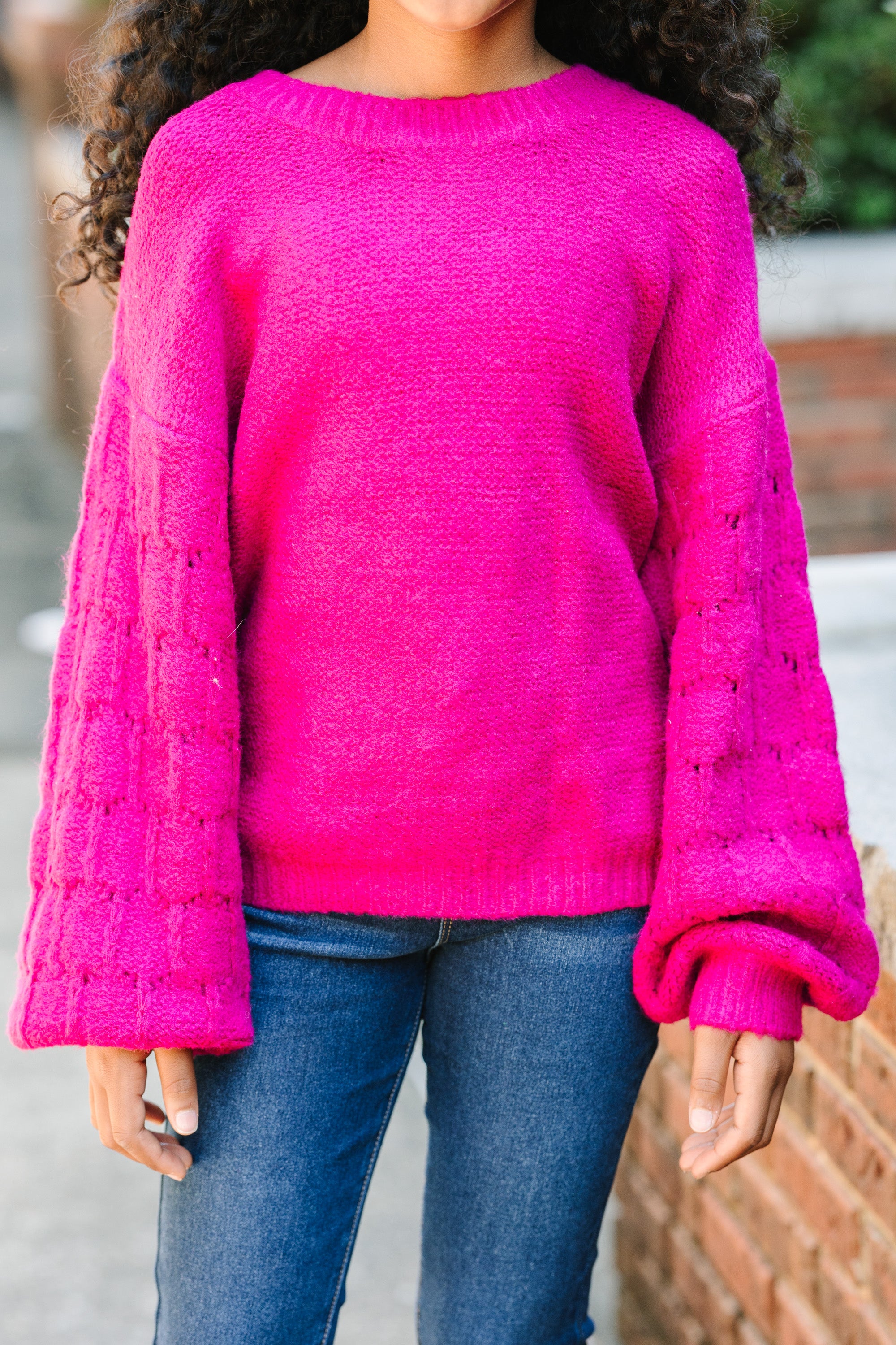 Girls' Close-Fitting Magenta Purple Textured Sweater