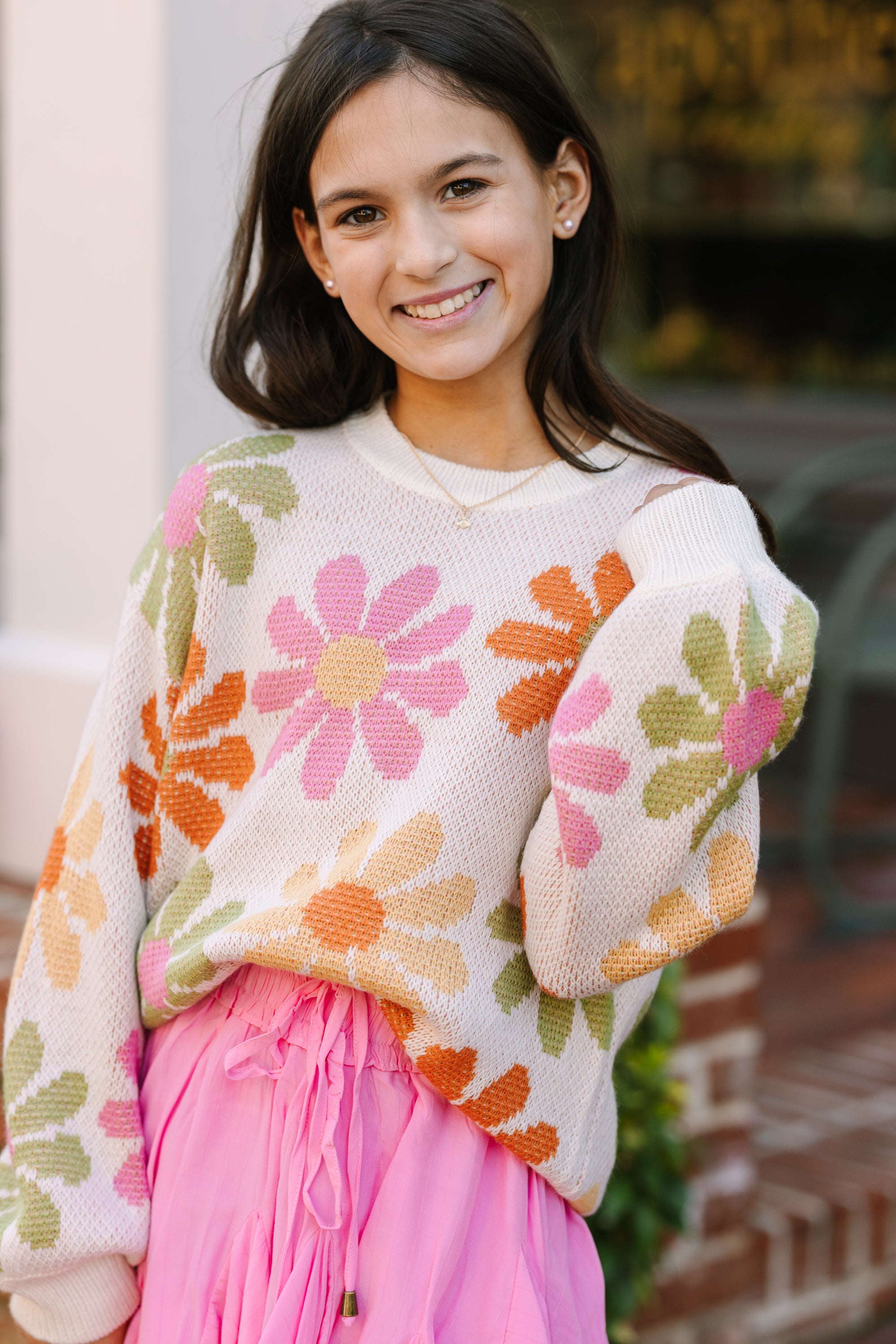 Girls Floral Sweater - Cream White, Inspired by Nature